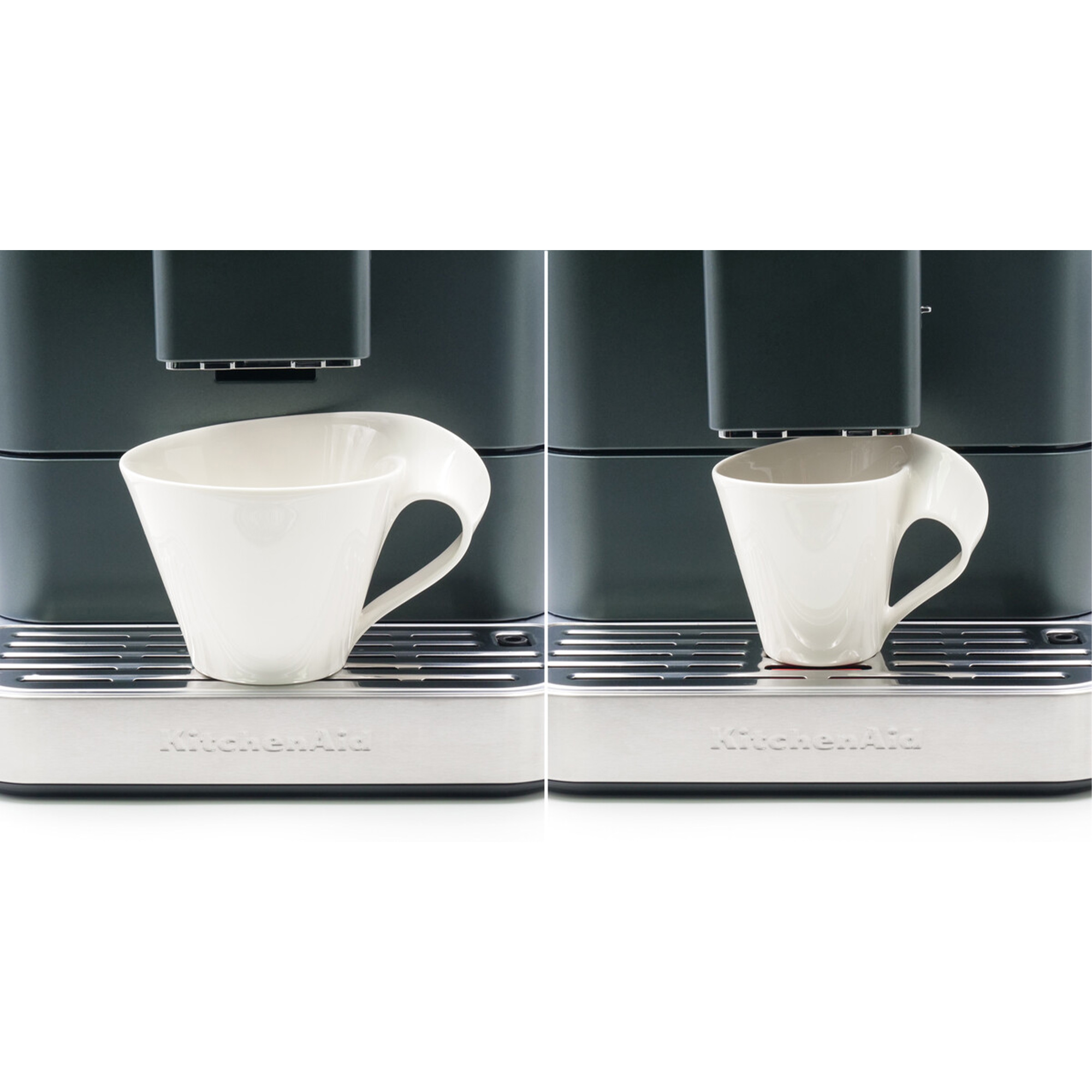 Zwei Kaffeemaschinen mit weißen Tassen auf einem silbernen Tablett. KitchenAid steht auf dem Tablett.