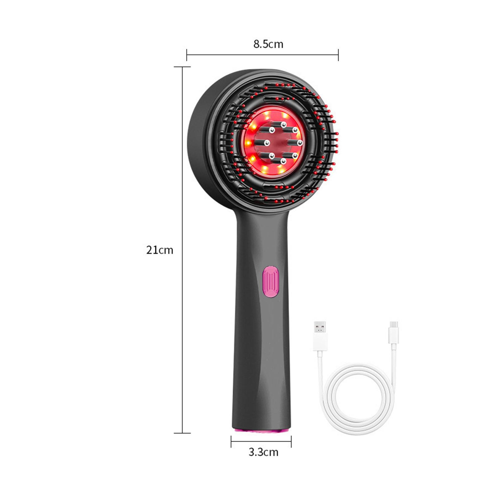 Eine graue Haarbürste mit roten Lichtern und einem rosa Knopf, ein USB-Kabel und Maßangaben auf weißem Hintergrund.