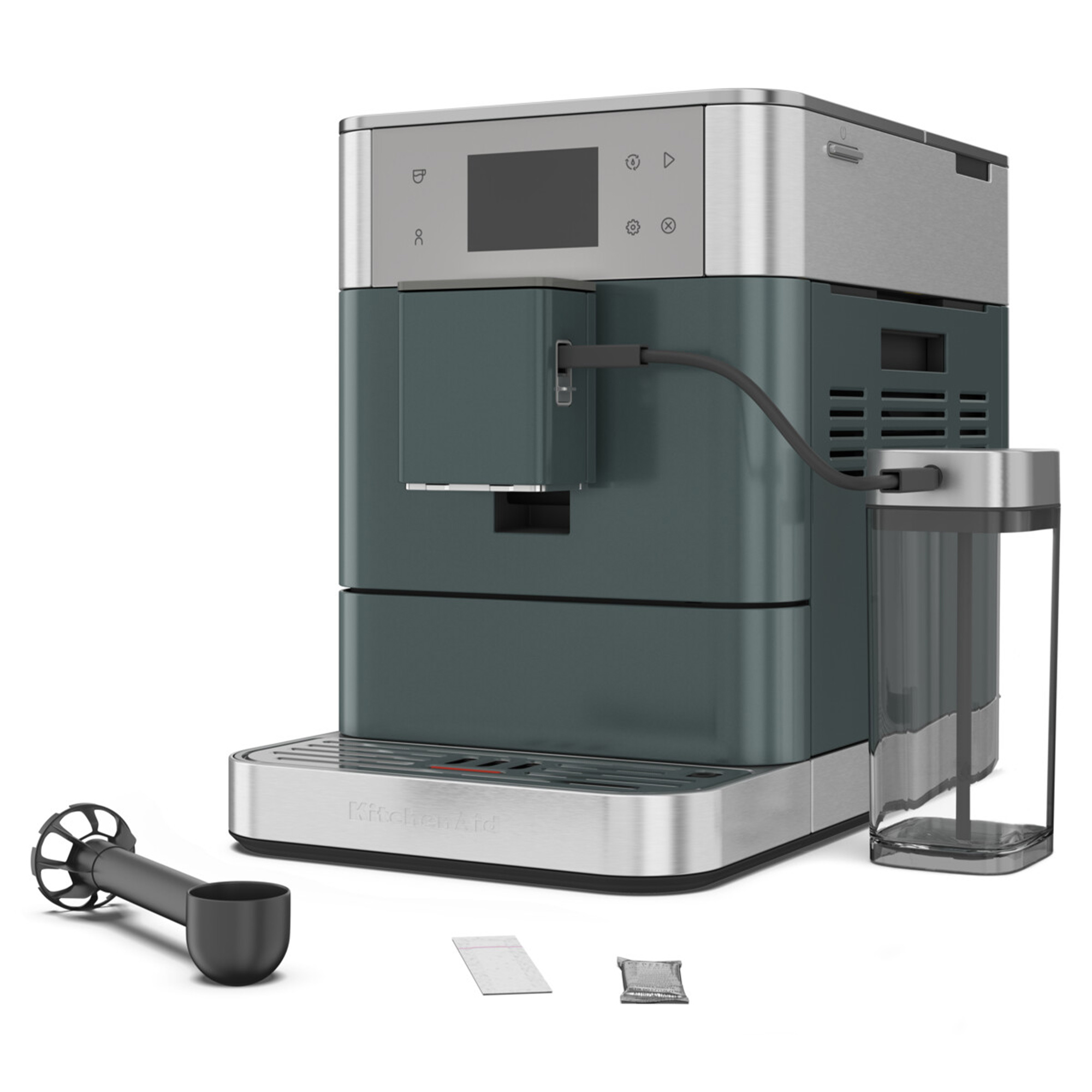Eine türkisfarbene und silberne KitchenAid-Kaffeemaschine mit Zubehör, einschließlich Milchaufschäumer und Wasserbehälter.