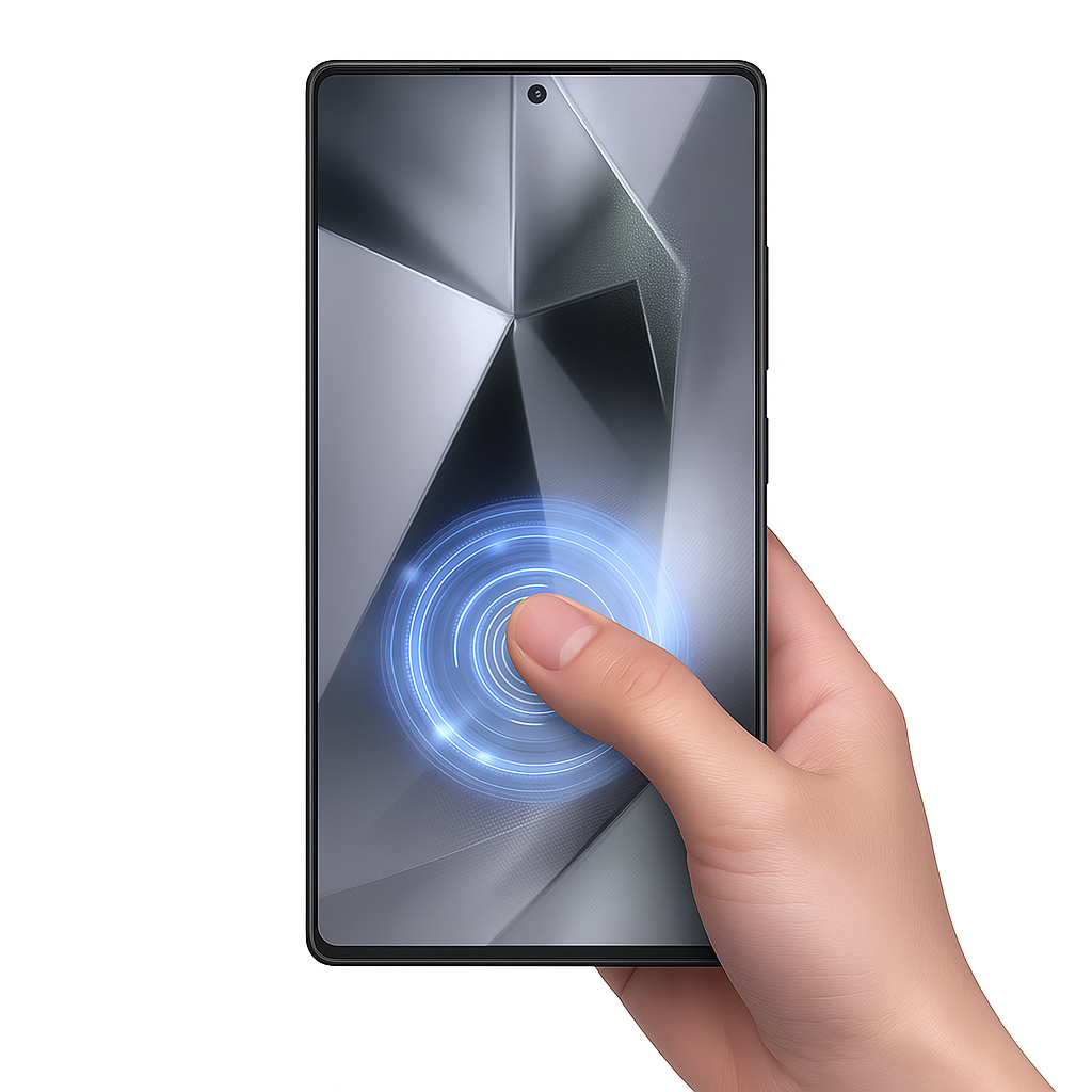 Eine Hand berührt einen Telefonbildschirm mit einem Finger. Der Bildschirm zeigt eine Grafik eines Fingerabdruckscanners. Der Hintergrund ist weiß.
