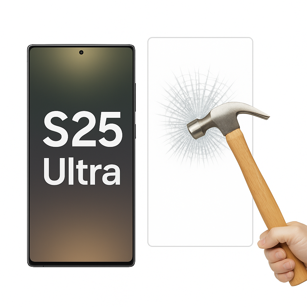 Ein Telefon und ein Displayschutz. Ein Hammer schlägt auf den Schutz und erzeugt Risse. Auf dem Telefon steht 'S25 Ultra'.