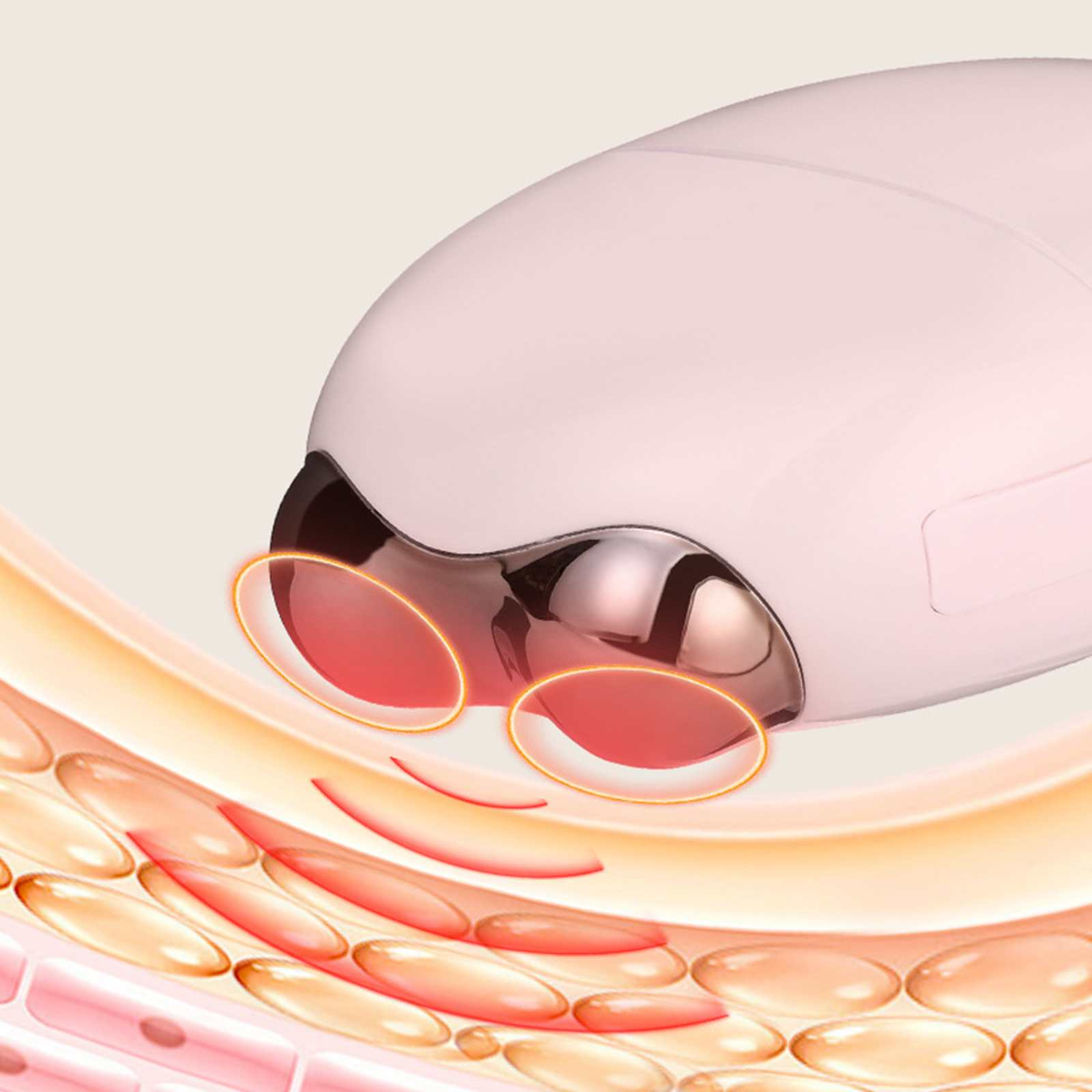 Ein rosa Gerät mit rotem Licht wird auf Hautschichten platziert. Haut und Gerät sind in Nahaufnahme.