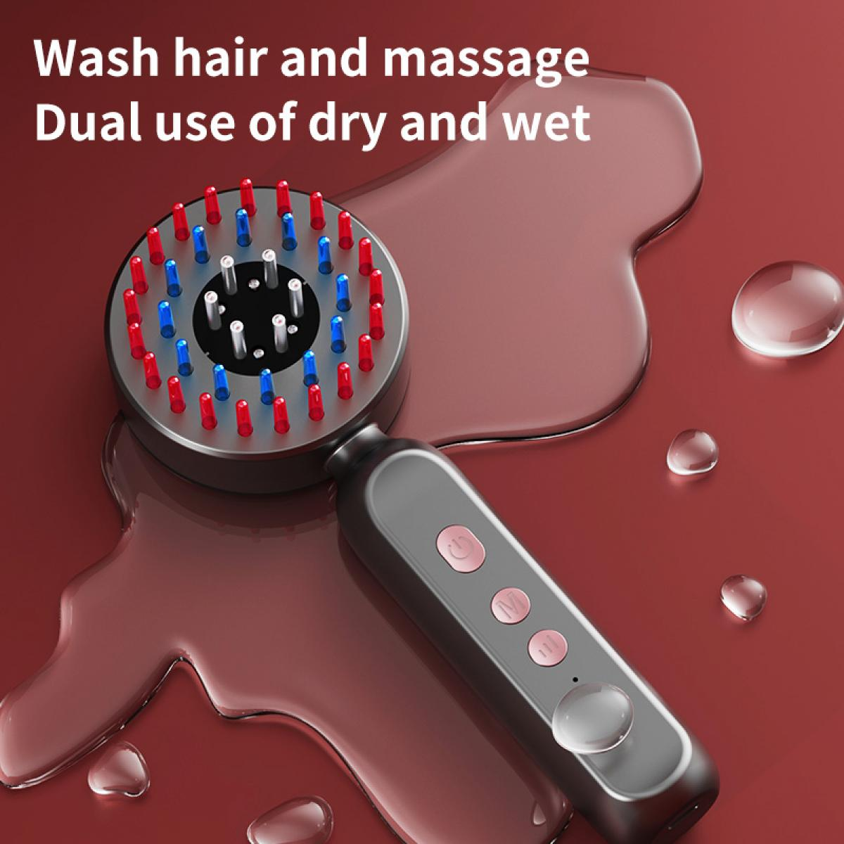 Ein Haarmassagegerät mit roten und blauen Spitzen. Es hat einen Griff mit Knöpfen auf einer roten Oberfläche mit Wassertropfen.