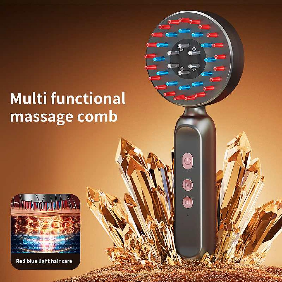 Ein multifunktionaler Massagekamm mit roten und blauen Lichtern, vor einer goldenen Kristallformation. Text: Rot-blaues Licht für die Haarpflege.