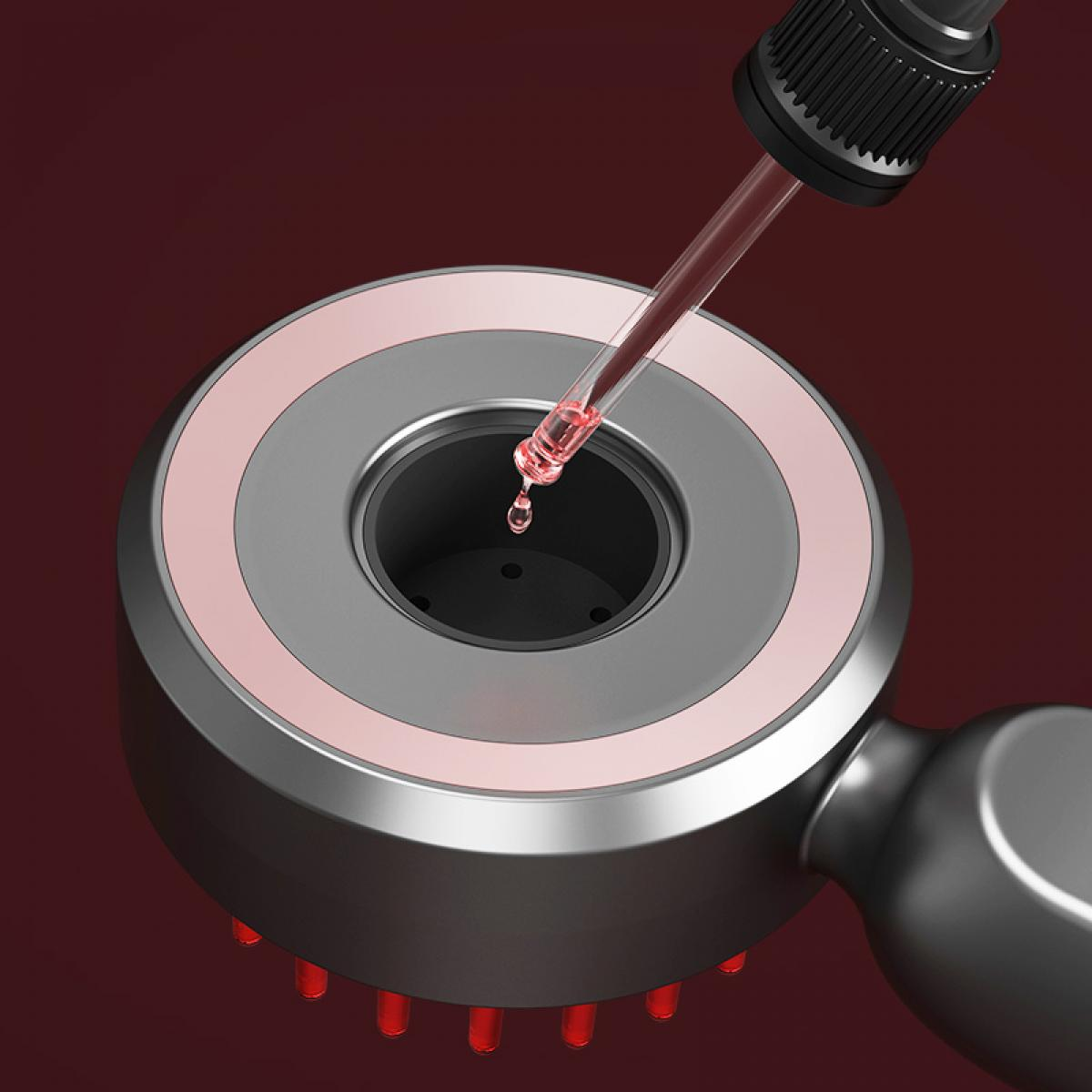 Ein Gerät mit einer Pipette, die Flüssigkeit abgibt. Das Gerät ist grau mit einem rosa Ring und roten Lichtern. Der Hintergrund ist dunkelrot.