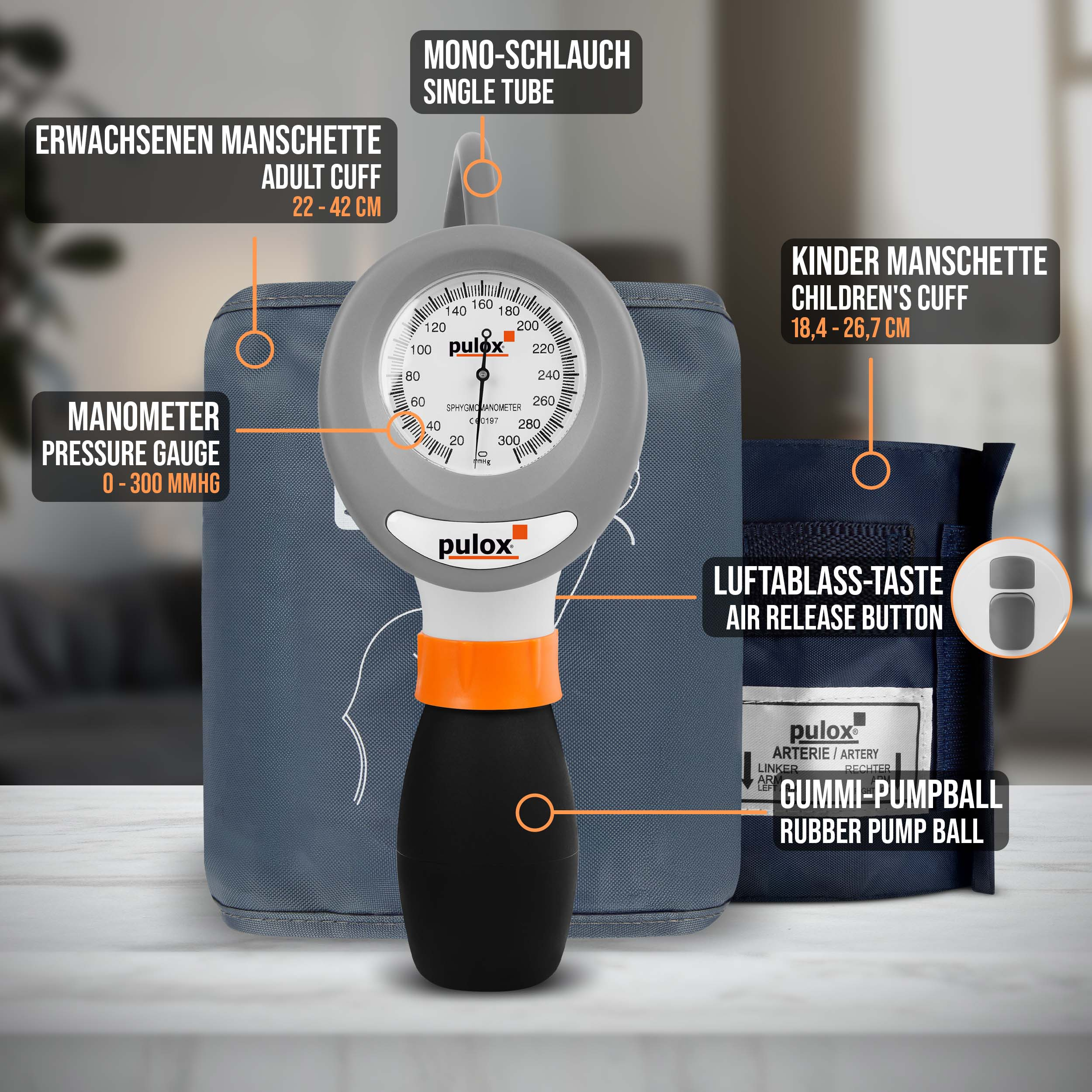 Ein Blutdruckmessgerät mit Manometer, Manschette und Pumpe. Etiketten zeigen Erwachsenen/Kind-Manschetten und Luftablasstaste.