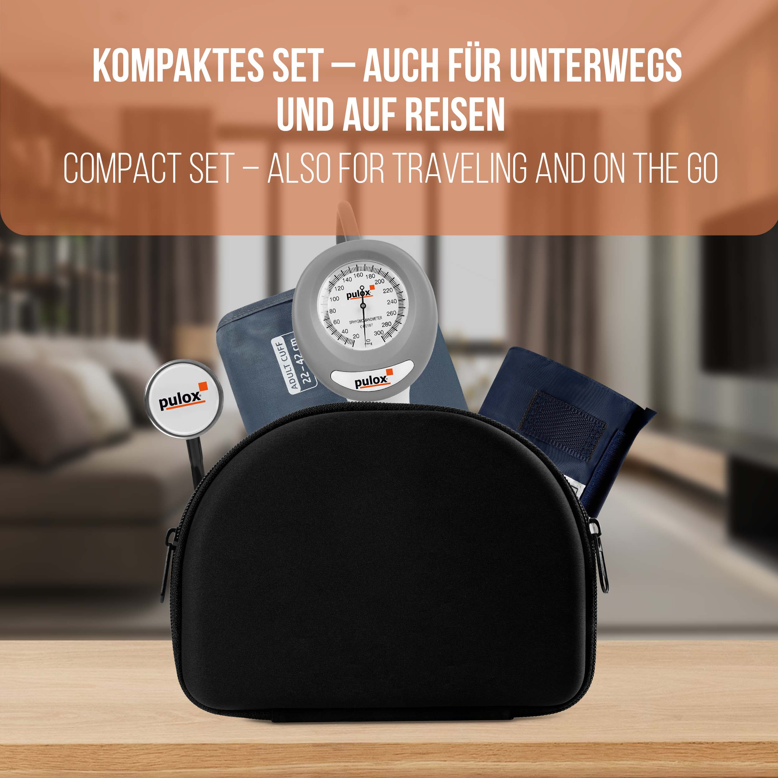 Kompaktes Blutdruckmessgerät-Set mit Manometer, Manschetten und Stethoskop in einer schwarzen Tragetasche.