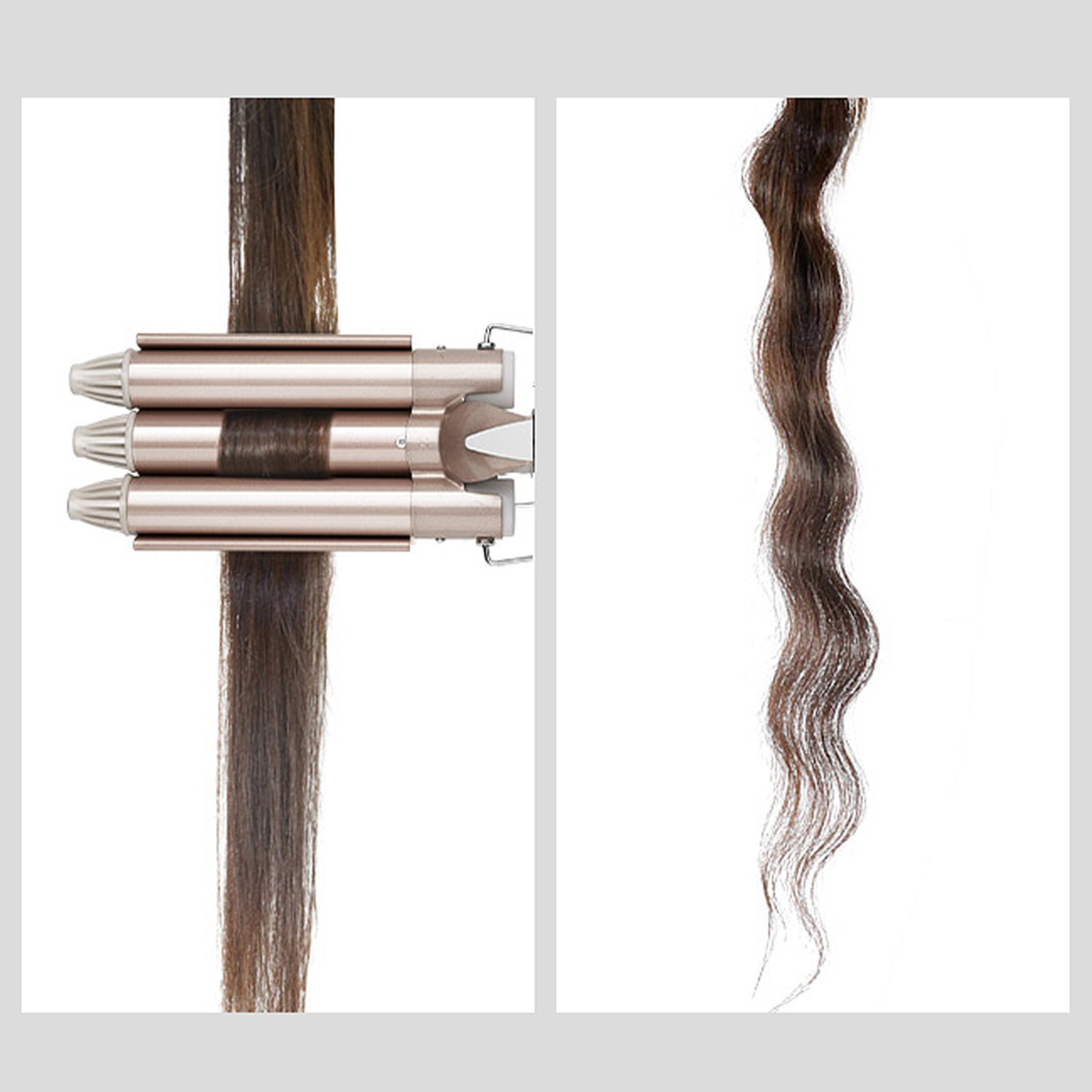 Un'arricciacapelli con capelli prima e dopo. L'arricciacapelli è dorata e i capelli sono marroni. Lo sfondo è bianco.