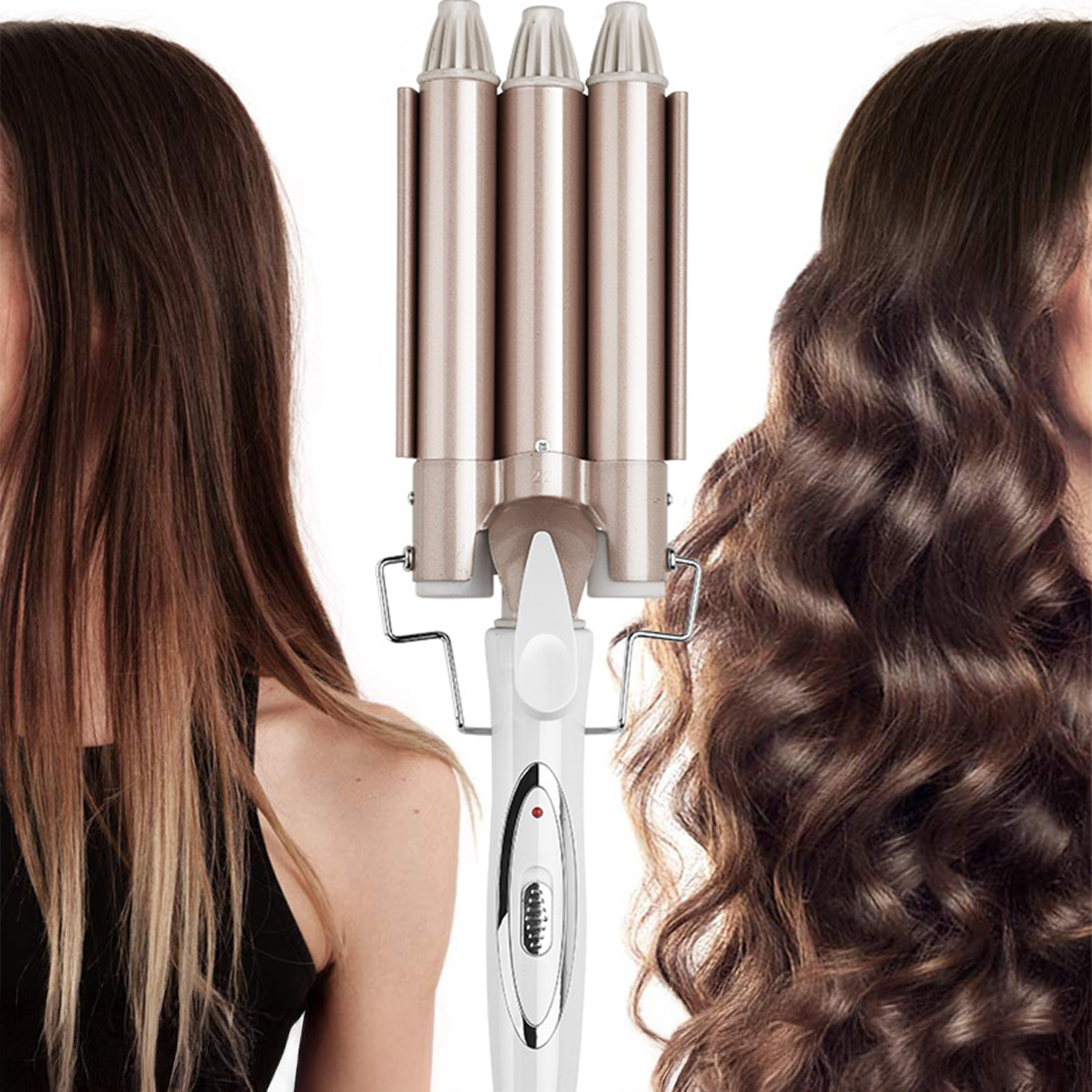 Uno strumento per ondulare i capelli è al centro. I capelli di due donne sono su ogni lato, uno liscio, uno mosso. Lo strumento è beige e bianco.