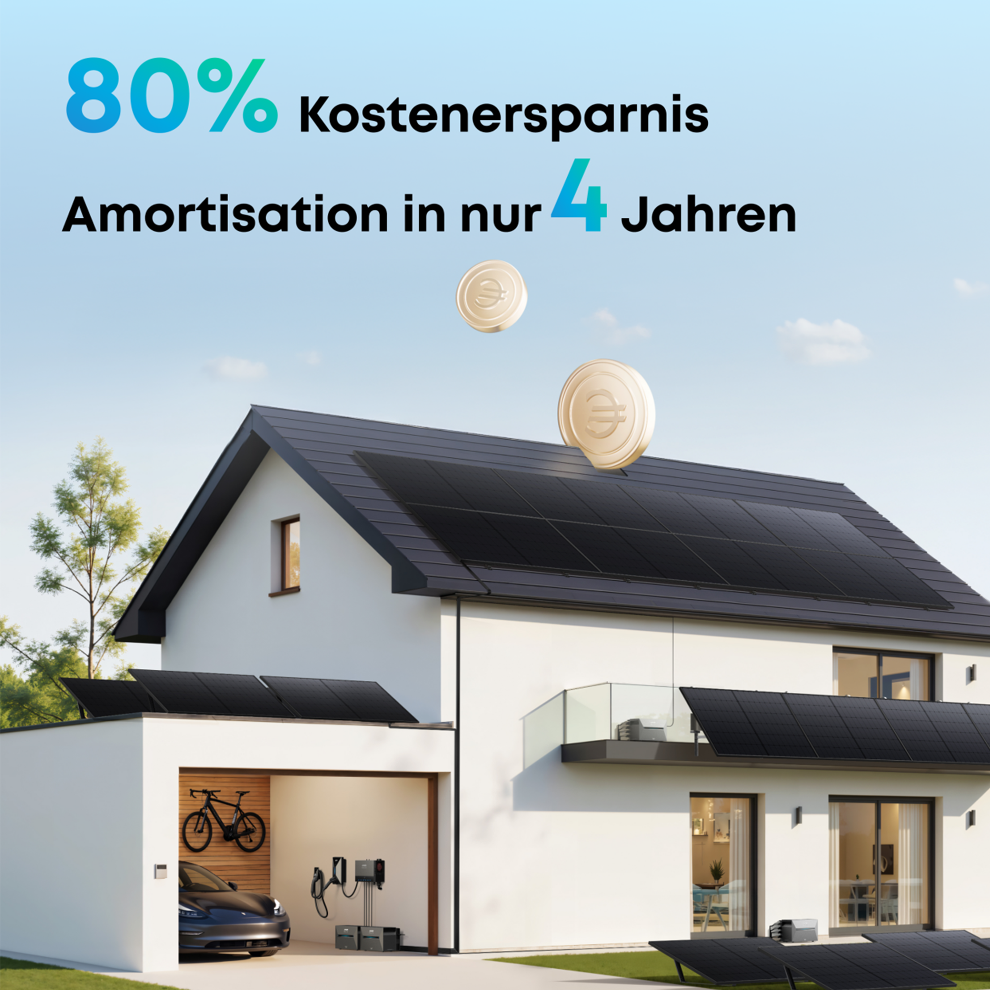 Haus mit Solarpanelen, Garage mit Auto und Fahrrad, Münzen schweben, Text über Einsparungen.