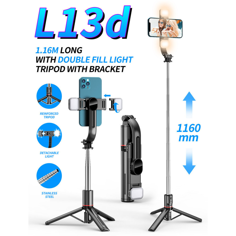 Produktbild eines L13d-Selfie-Sticks. Er hat ein Stativ, eine Telefonhalterung und ein abnehmbares Licht. Die Länge beträgt 1,16 m und 1160 mm.