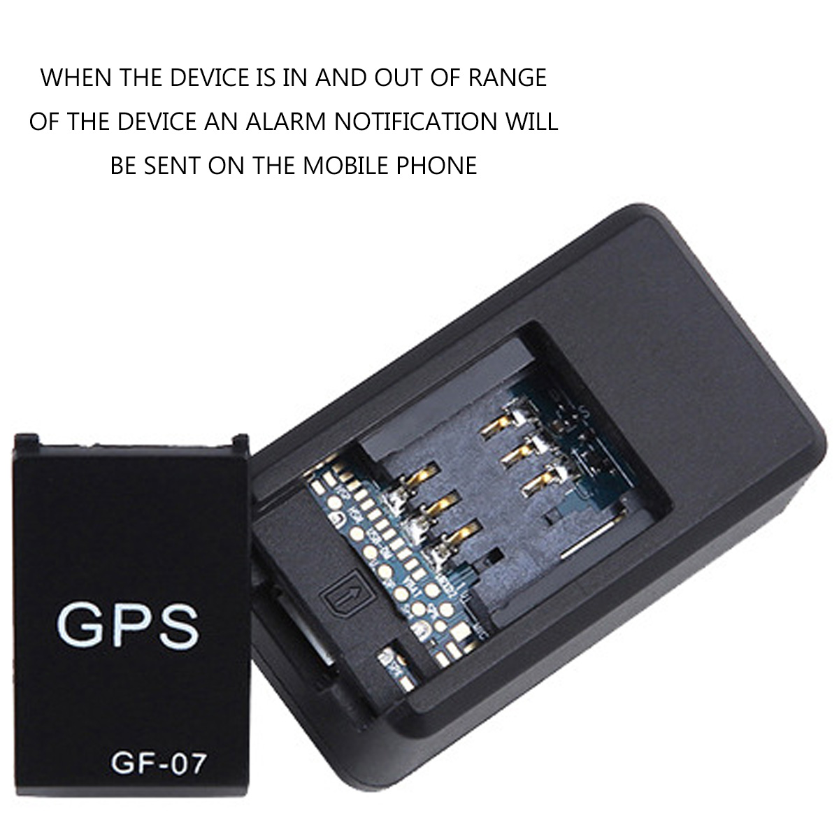 Schwarzer GPS-Tracker GF-07 mit offenem Fach, das interne Komponenten zeigt. Text oben beschreibt das Alarmsystem.