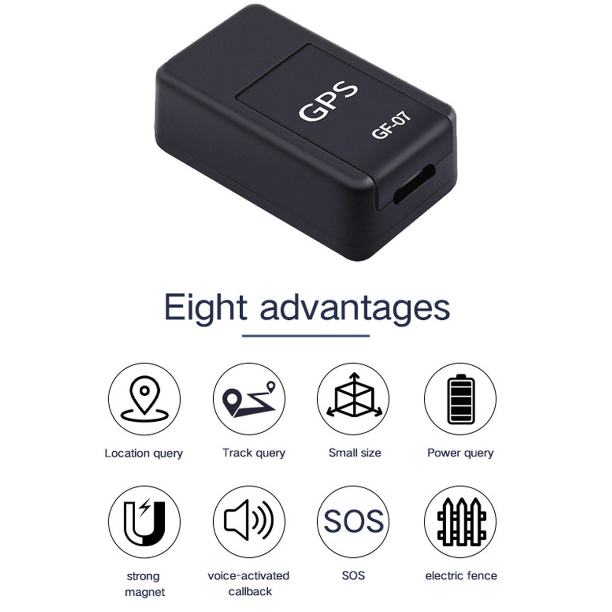 Ein schwarzer GPS-Tracker mit der Aufschrift 'GPS GF-07' über Symbolen, die Funktionen wie Standortabfrage, SOS und Elektrozaun beschreiben.