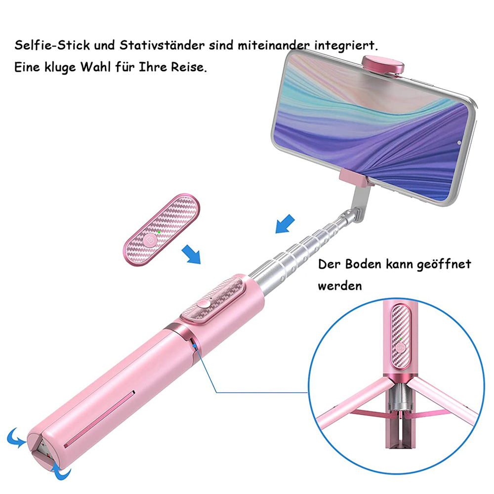 Rosa Selfie-Stick mit Telefon. Enthält eine Fernbedienung und Stativbeine. Der Stick ist ausziehbar mit einer Telefonhalterung oben.