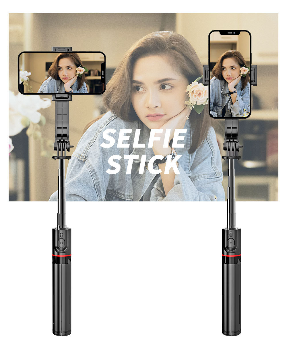 Eine Frau hält eine Blume, die auf zwei Handys zu sehen ist, die an Selfie-Sticks befestigt sind. Der Hintergrund sagt 'SELFIE STICK'.