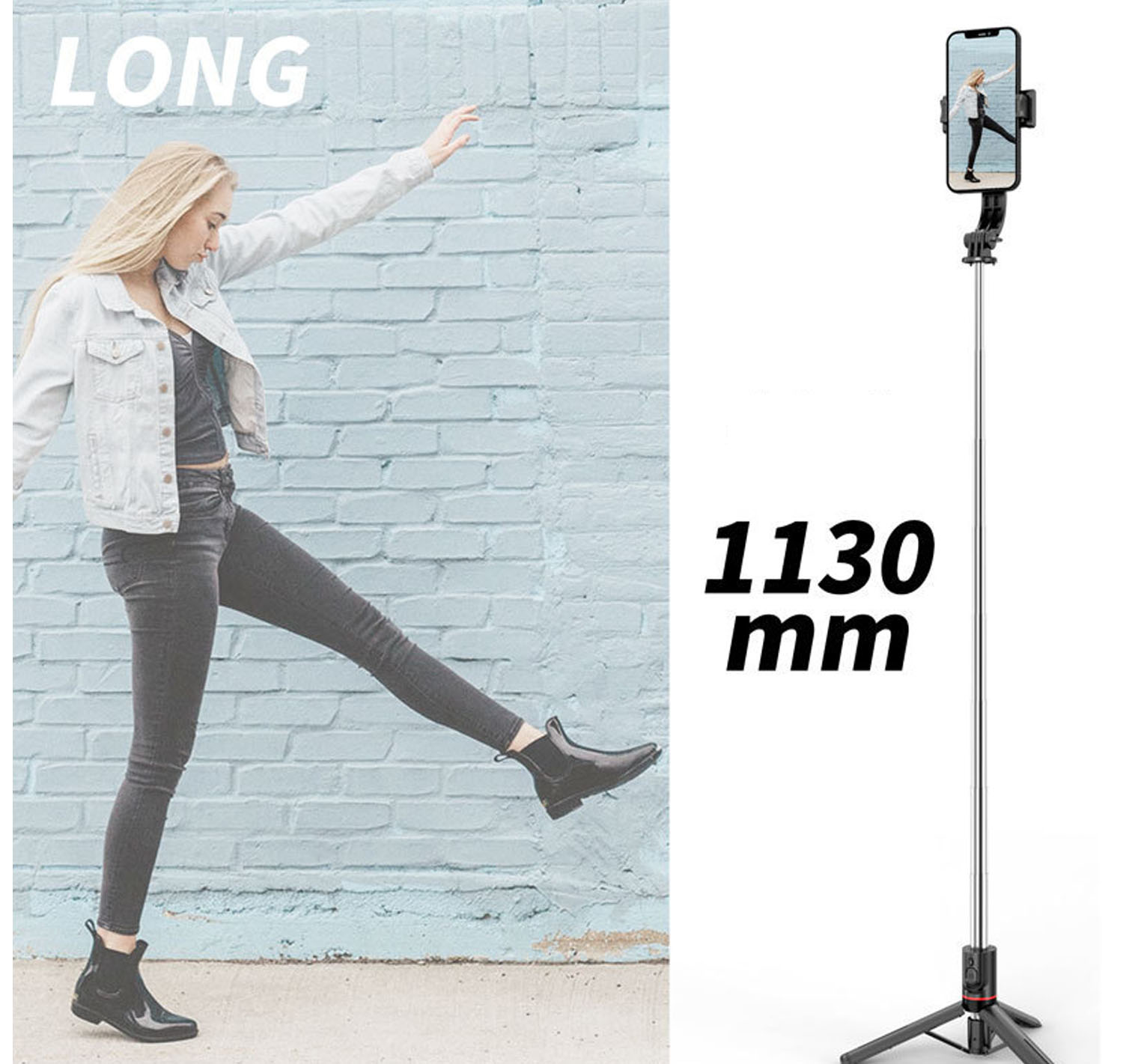 Blonde Frau posiert an einer blauen Wand. Ein Telefon auf einem Selfie-Stick zeigt ihr Bild. Text lautet 'LONG' und '1130 mm'.