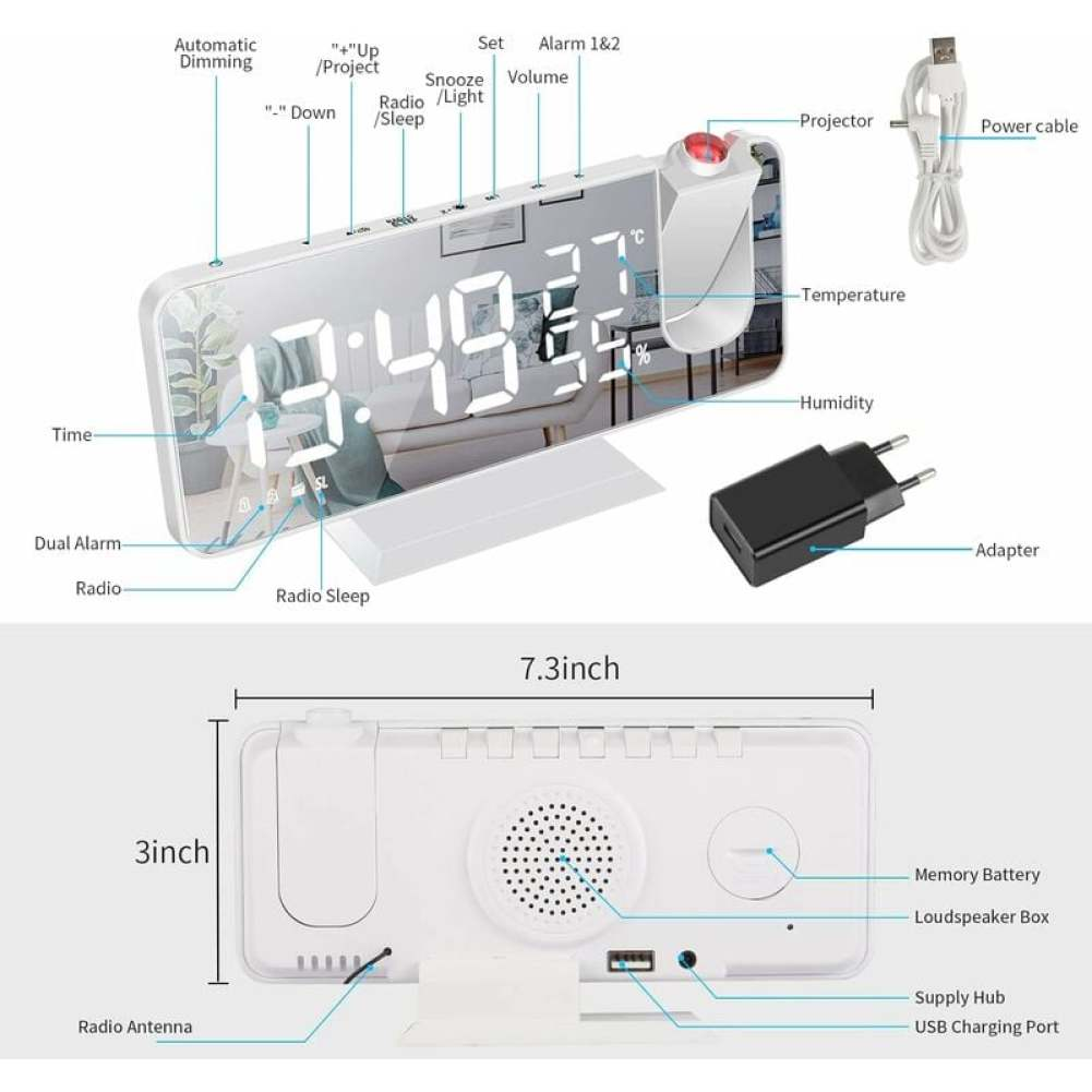 Digitaler Wecker mit Beschriftungen für Funktionen wie Zeit, Temperatur und Radio. Enthält Adapter, Netzkabel und Lautsprecher.