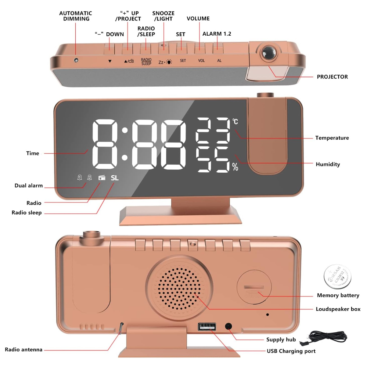 Digitaluhr mit Zeit-, Temperatur- und Feuchtigkeitsanzeige. Funktionen: Alarm, Radio und Projektor mit Knöpfen und Anschlüssen.