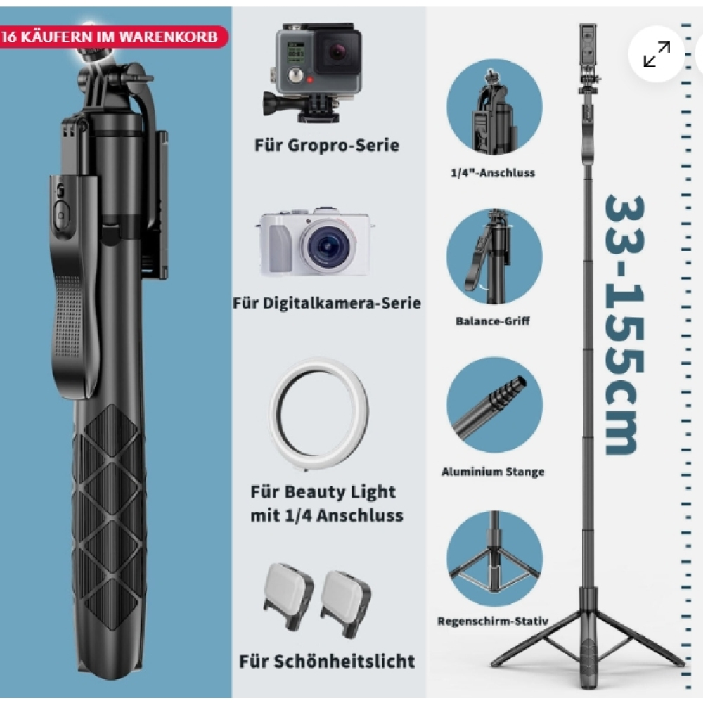 Ein schwarzer Selfie-Stick mit Telefonhalter, verschiedenen Kameratypen und einer Längenanzeige von 33-155 cm.