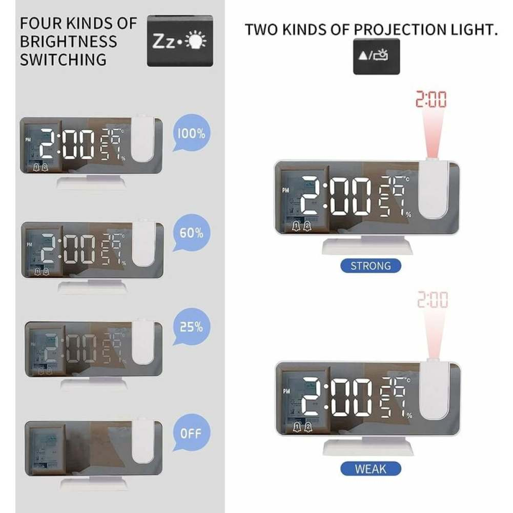 Das Bild zeigt eine Digitaluhr mit Zeit, Temperatur und Luftfeuchtigkeit, Helligkeits- und Projektionslichtoptionen.