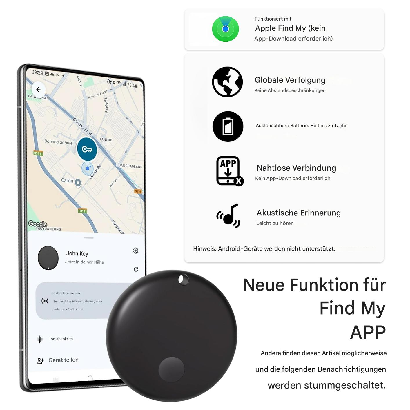 Ein schwarzes kreisförmiges Gerät mit einem Telefon, das eine Karte und eine App-Oberfläche zeigt. Textdetails App-Funktionen.