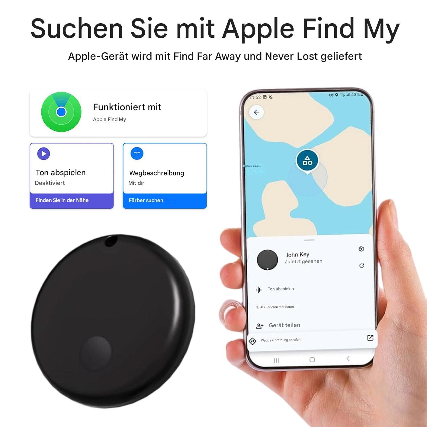 Das Bild zeigt einen schwarzen Apple Find My-Tag, ein Telefon mit der Find My-App und Oberflächenelementen.