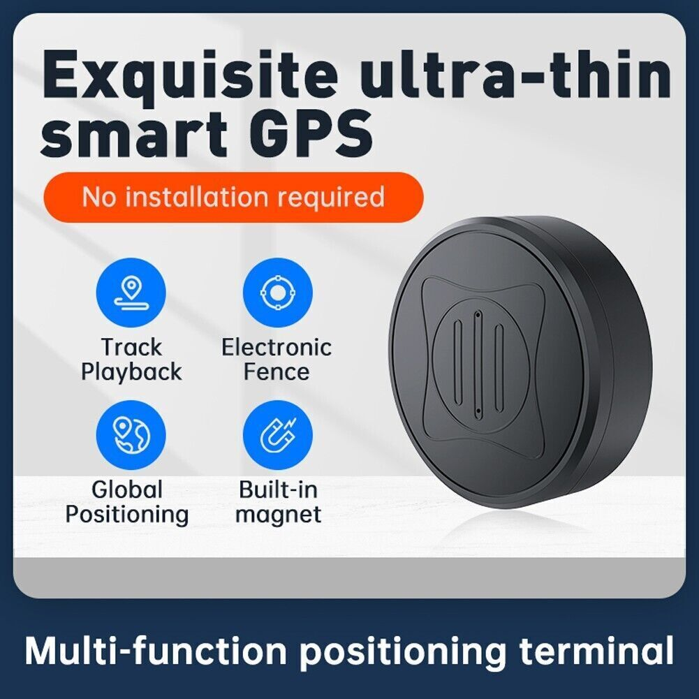 Schwarzes GPS-Gerät mit Symbolen für Tracking, Zaun, Ortung und Magneten. Text: 'Exquisites ultradünnes smartes GPS'.
