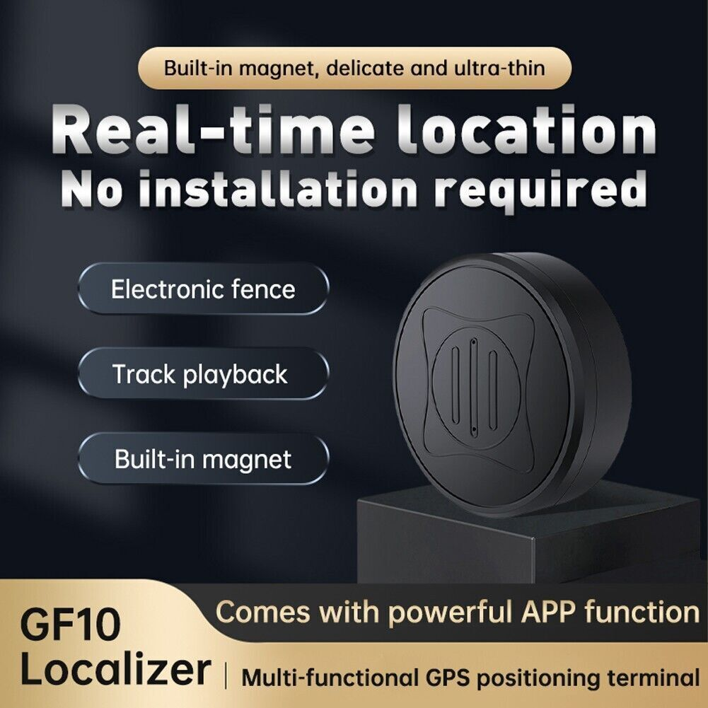 Schwarzer GPS-Tracker mit Funktionen wie elektronischem Zaun und Wiedergabe der Strecke. Text sagt 'Echtzeit-Ortung' und 'Keine Installation erforderlich'.
