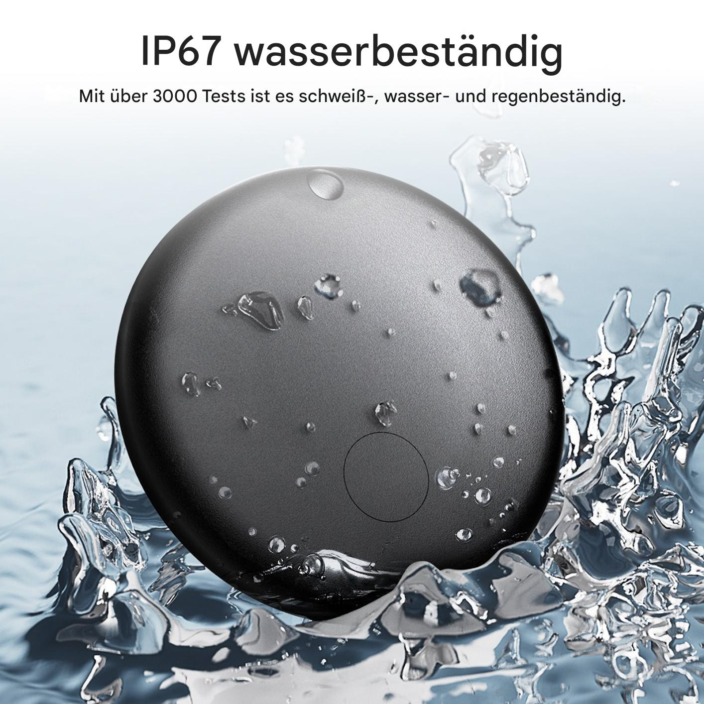Ein dunkelgraues, rundes Gerät mit Wassertropfen, umgeben von spritzendem Wasser. Der Text oben lautet IP67 wasserdicht.