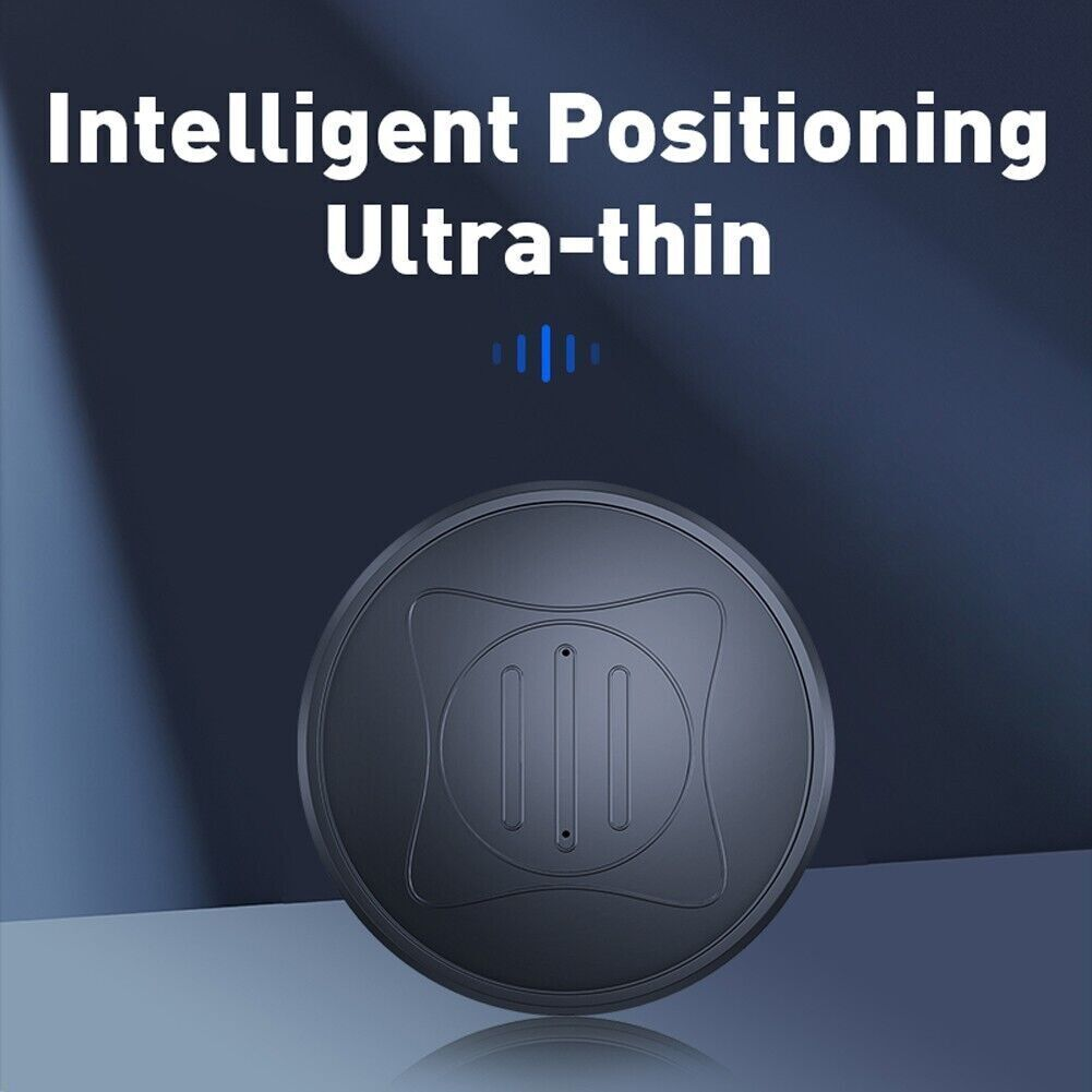 Ein schwarzes, rundes, ultradünnes Ortungsgerät. Der Text oben lautet 'Intelligente Positionierung Ultra-dünn'. Der Hintergrund ist dunkelblau.