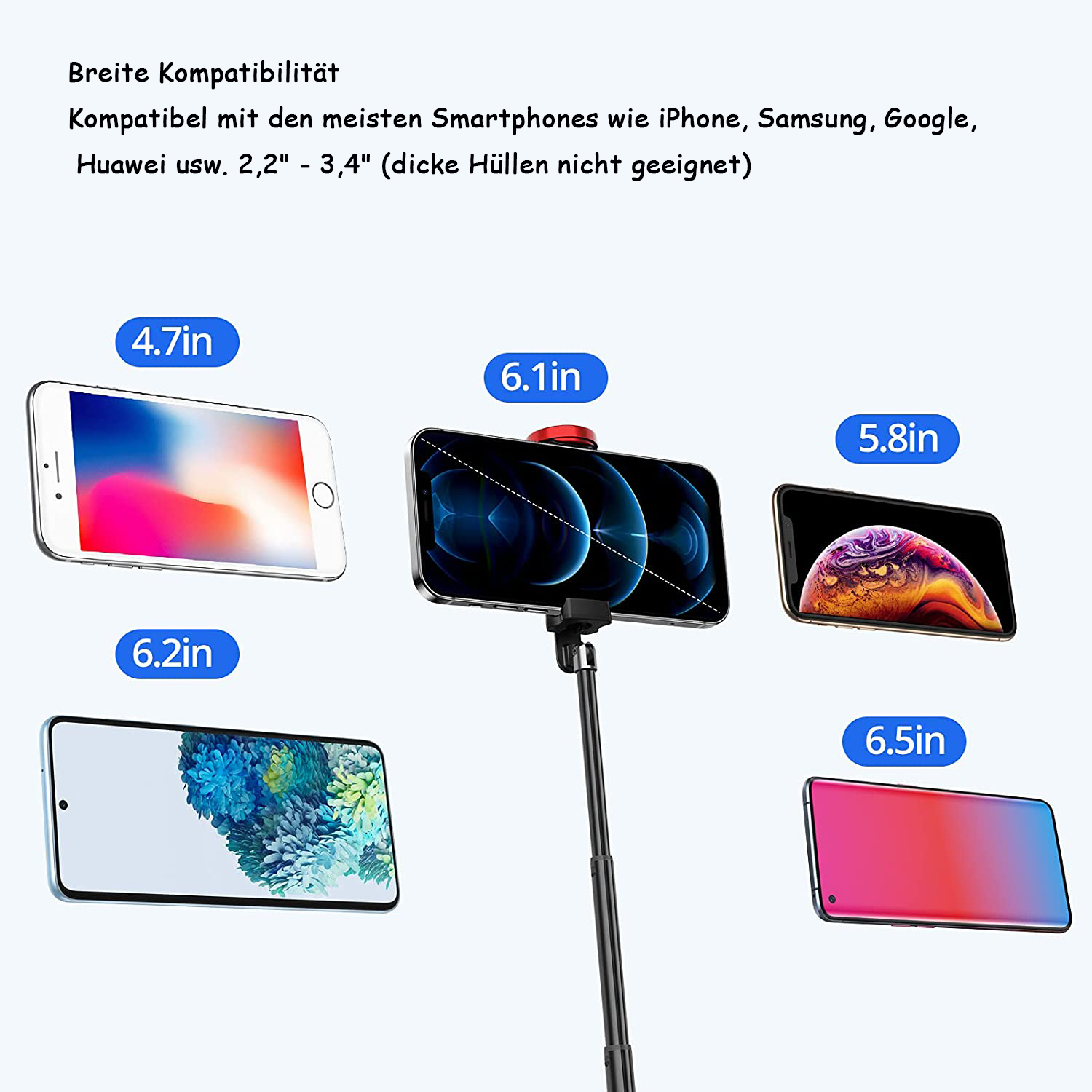 Das Bild zeigt Telefone unterschiedlicher Größe an einem Selfie-Stick. Text oben erwähnt Kompatibilität mit Smartphones wie iPhone und Samsung.
