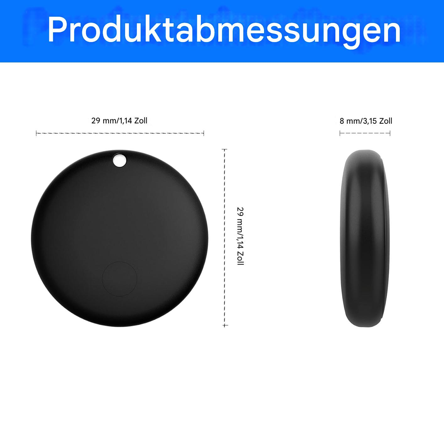 Schwarzes kreisförmiges Gerät mit angegebenen Abmessungen. Text oben lautet 'Produktabmessungen'. Maße in mm/Zoll werden angezeigt.