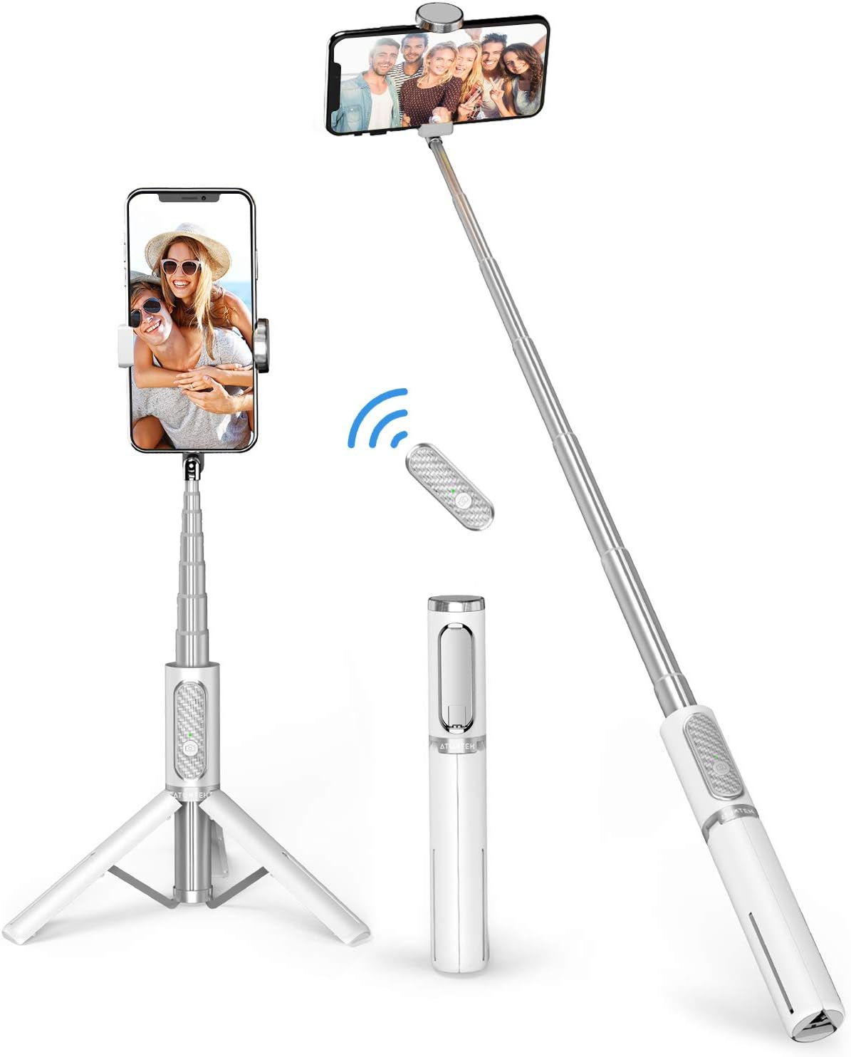 Ein weißer Selfie-Stick mit Stativ und Fernbedienung. Zwei Telefone zeigen Bilder von Personen. Ein Telefon ist auf dem Stativ und das andere auf dem Selfie-Stick.