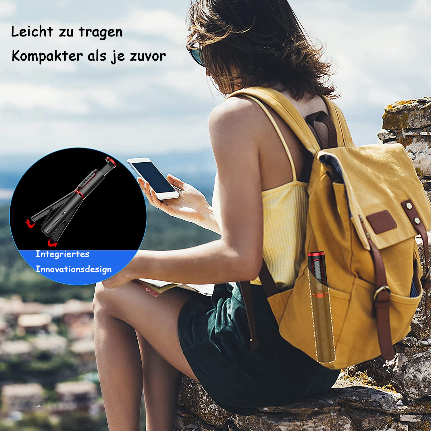 Frau mit Rucksack und Telefon. Ein Gerät wird in der Tasche und im Inset gezeigt. Deutsche Texte beschreiben die Funktionen.