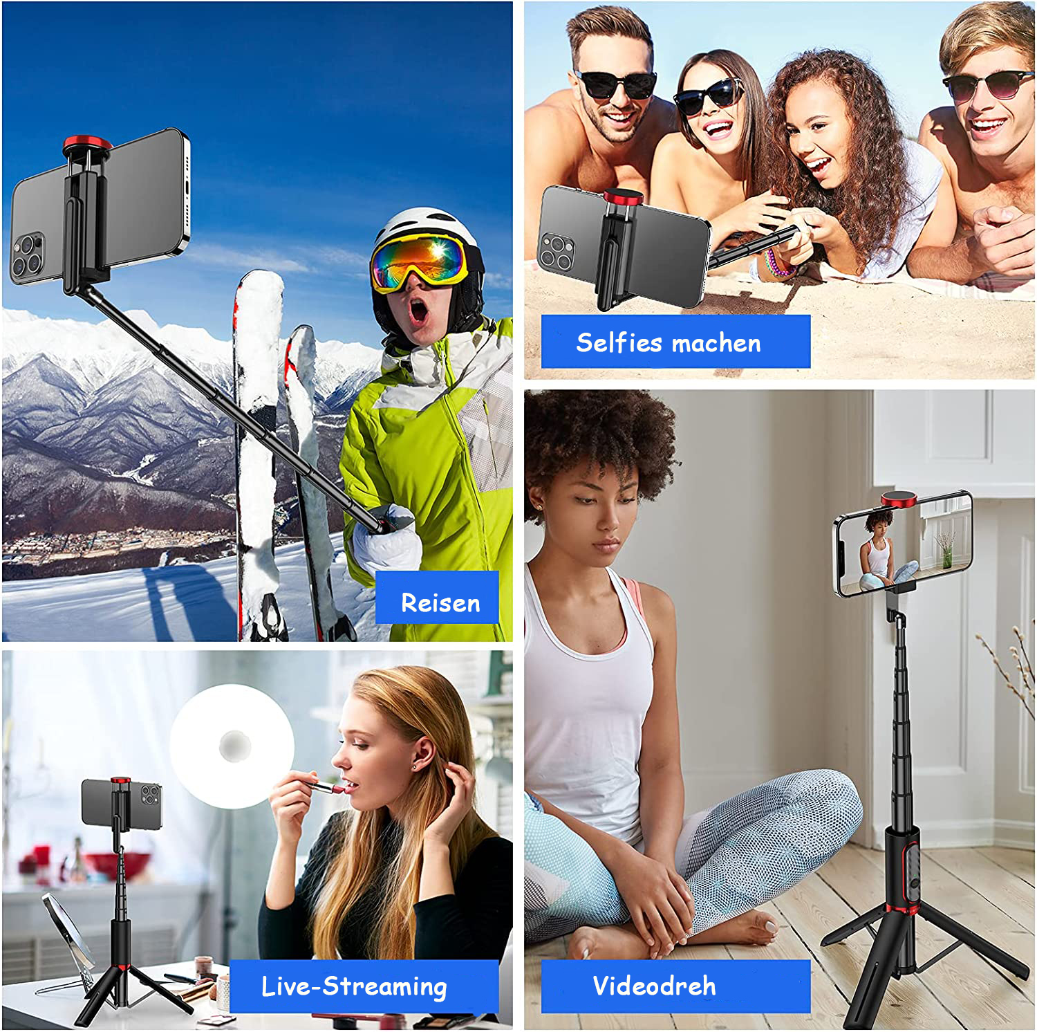 Collage mit Telefonen auf Selfie-Sticks in verschiedenen Umgebungen: Skifahren, Strand-Selfies, Live-Streaming-Make-up und Videoaufzeichnung von Yoga.