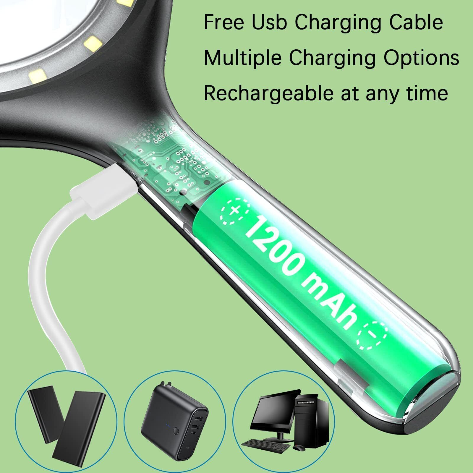 Das Bild zeigt ein USB-Ladekabel und einen grünen Akku mit 1200 mAh. Es gibt drei Symbole für Ladeoptionen.