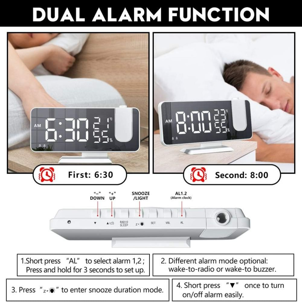 Ein digitaler Wecker zeigt Zeit, Temperatur und Luftfeuchtigkeit an. Bilder zeigen die Uhr und Anweisungen. Zwei Personen liegen im Bett.