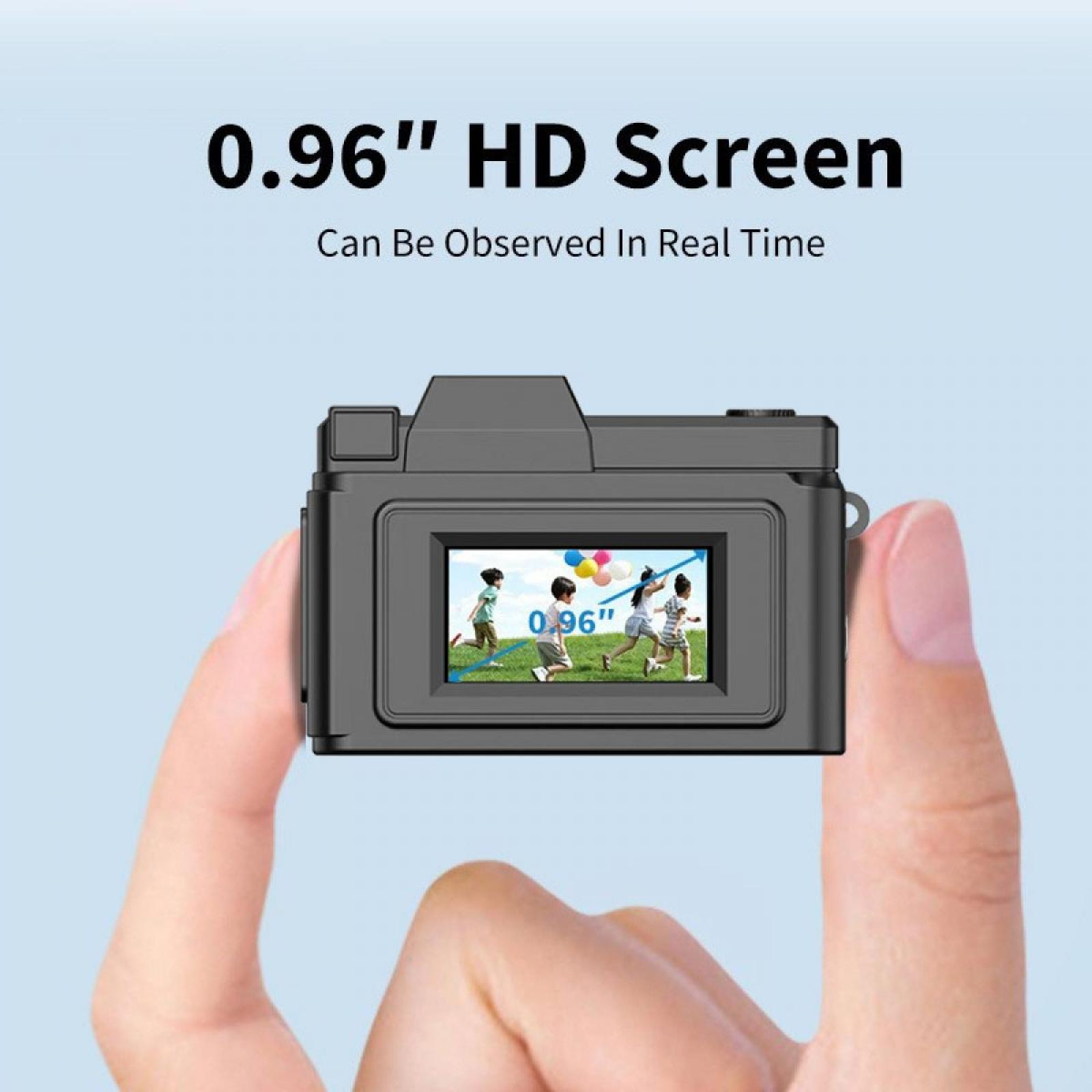 Kleine Kamera wird mit zwei Fingern gehalten. Es zeigt Kinder beim Laufen. Oben steht 0,96" HD-Bildschirm.