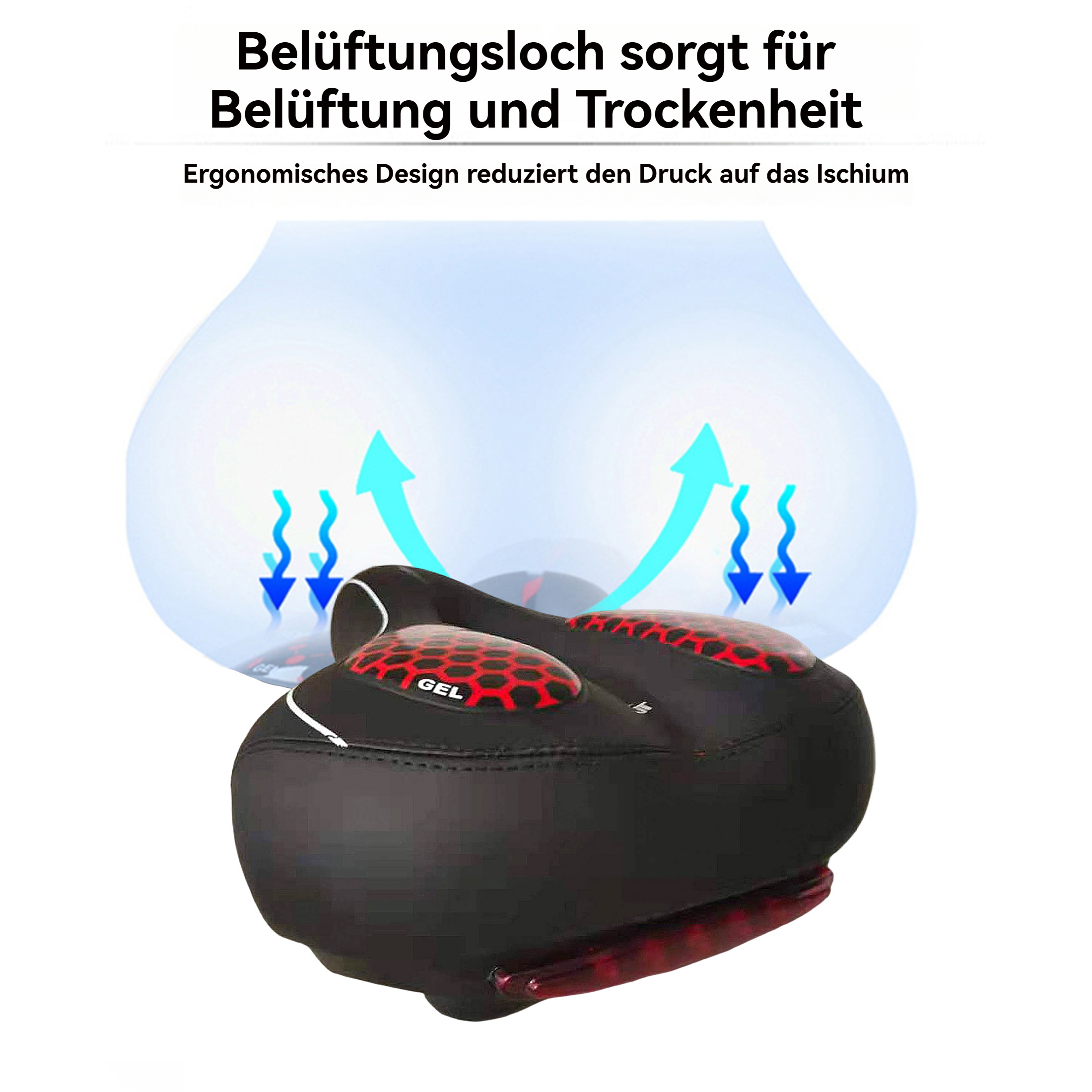Schwarzer Fahrradsattel mit roten Akzenten. Blaue Pfeile zeigen den Luftstrom an. Text auf Deutsch: Belüftungsloch für Belüftung und Trockenheit.