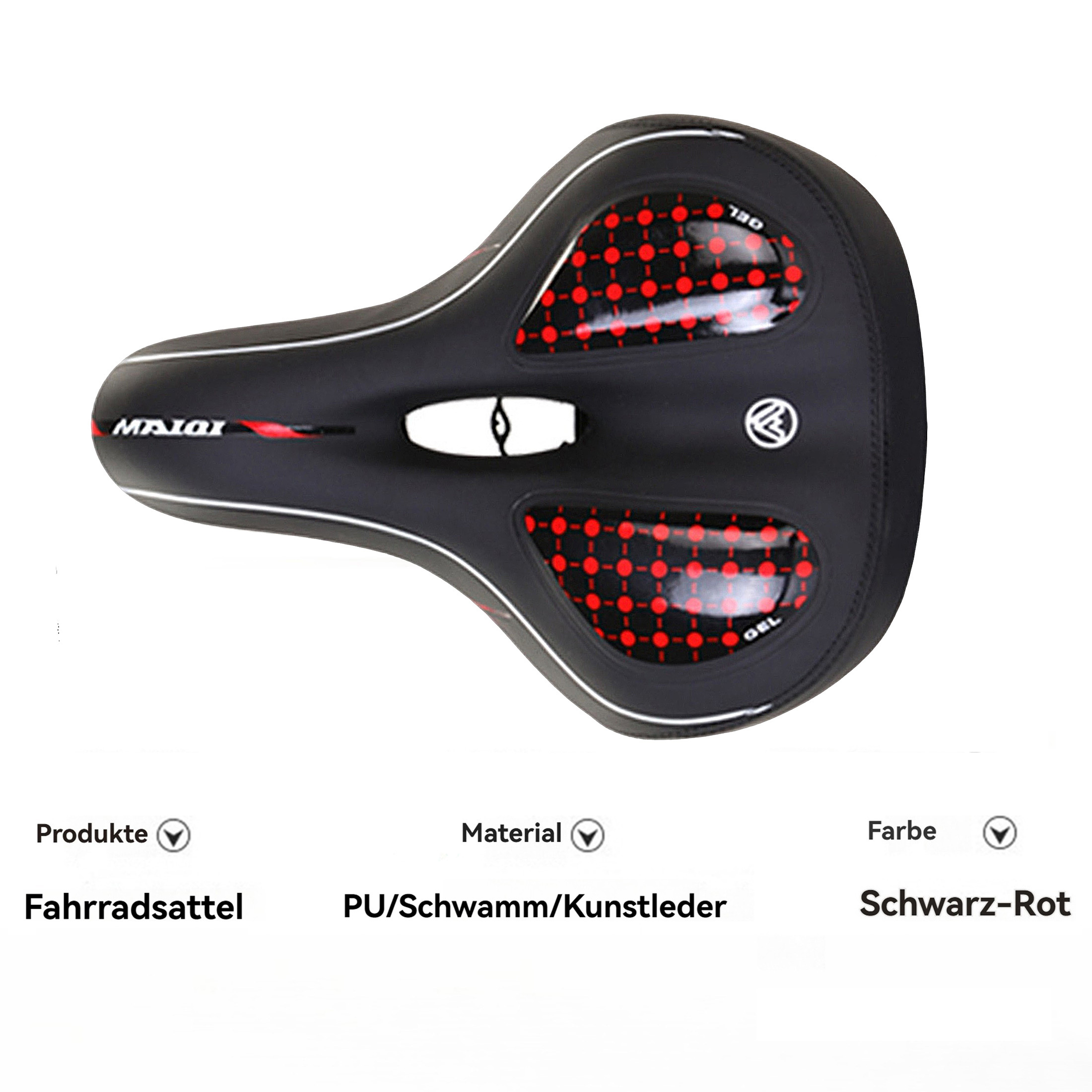 Schwarzer und roter Fahrradsattel. Es hat rote gepunktete Muster mit weißen Akzenten und der Markenname ist sichtbar.