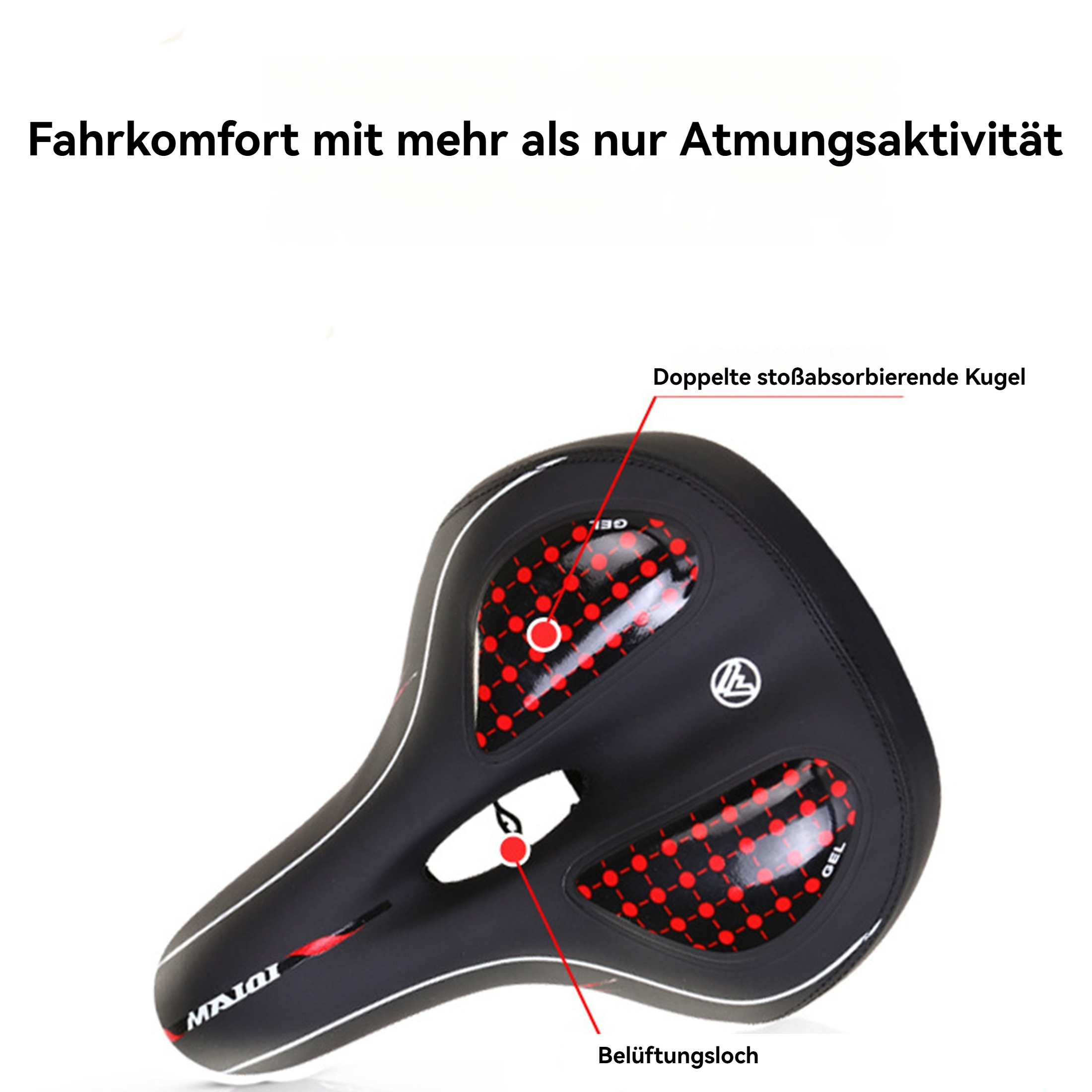 Schwarzer Fahrradsattel mit roten Akzenten und weißer Umrandung. Text sagt 'Fahrkomfort' und beschriftet 'doppelte stoßabsorbierende Kugel' und 'Belüftungsloch'.