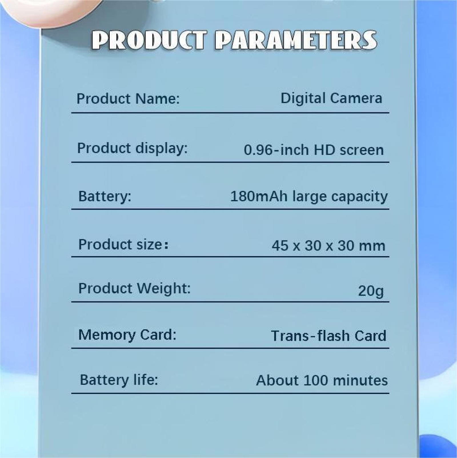 Eine Produktparameter-Tabelle. Sie listet die Spezifikationen der Digitalkamera auf, einschließlich Display, Akku, Größe, Gewicht, Speicherkarte und Akkulaufzeit.