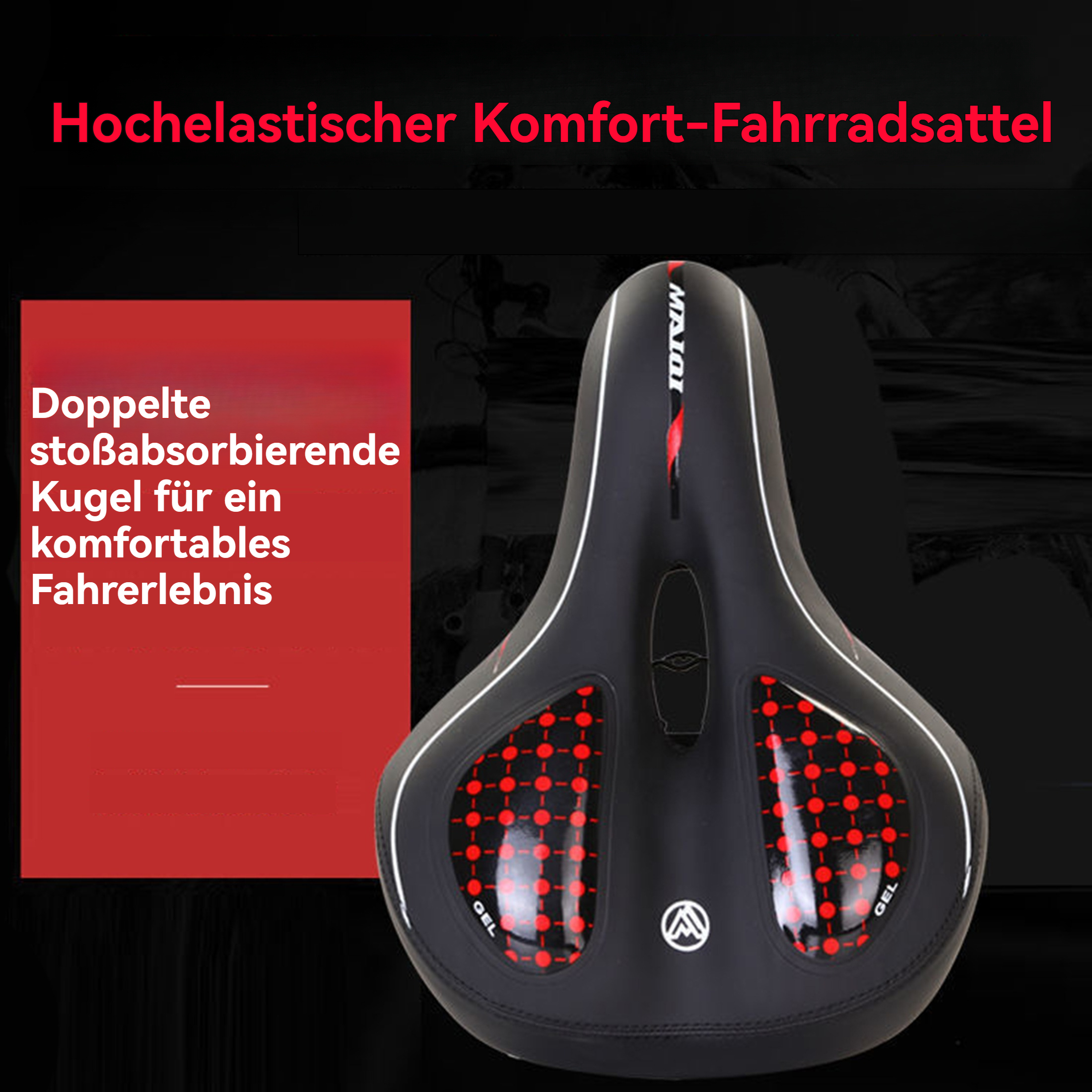 Schwarzer Fahrradsattel mit roten Akzenten, Gelpads und weißem Rand. Text auf Deutsch. Oben steht 'Komfort-Fahrradsattel'.