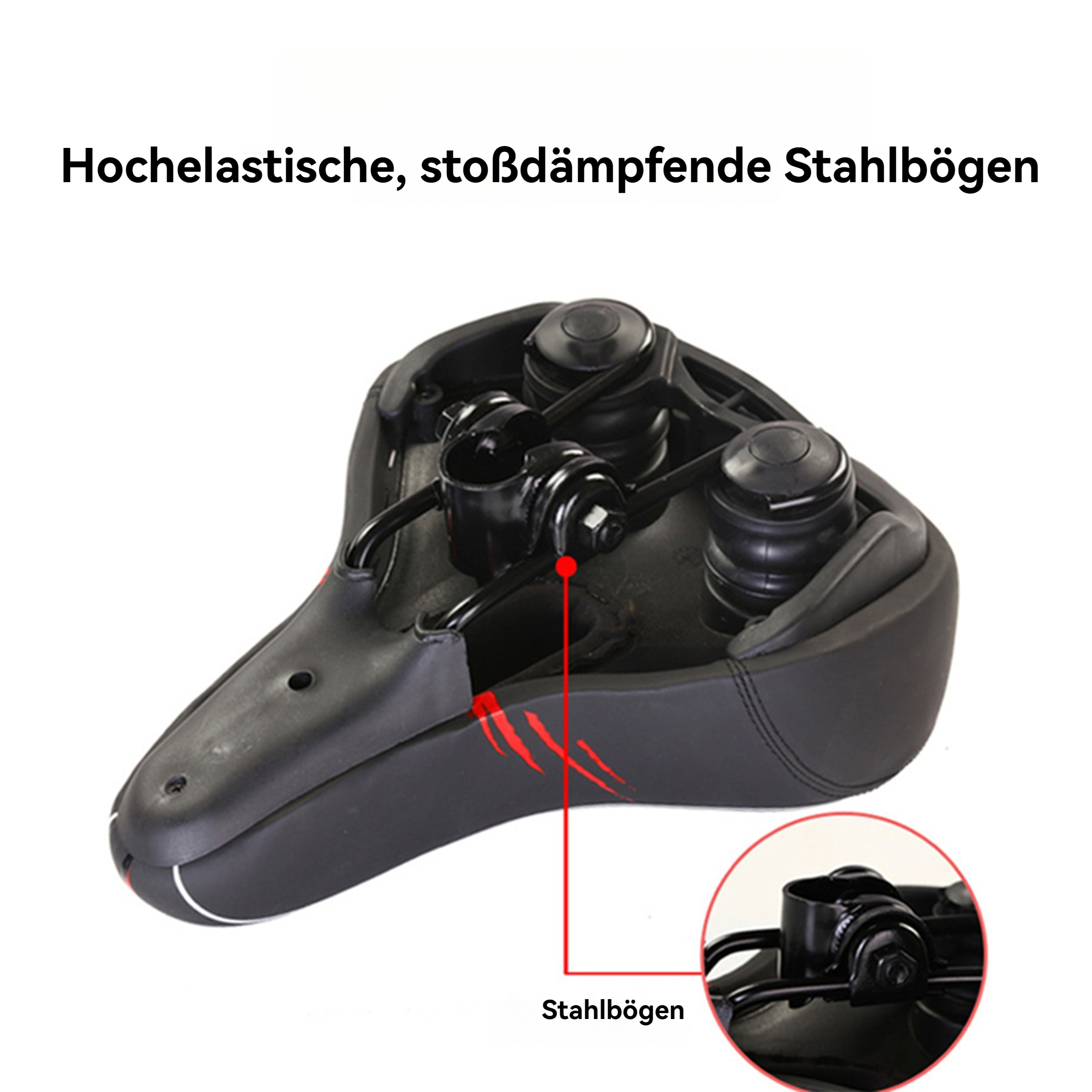 Schwarzer Fahrradsattel mit Stahlbögen, gezeigt mit Detailansicht. Text: 'hochelastische, stoßdämpfende Stahlbögen'.