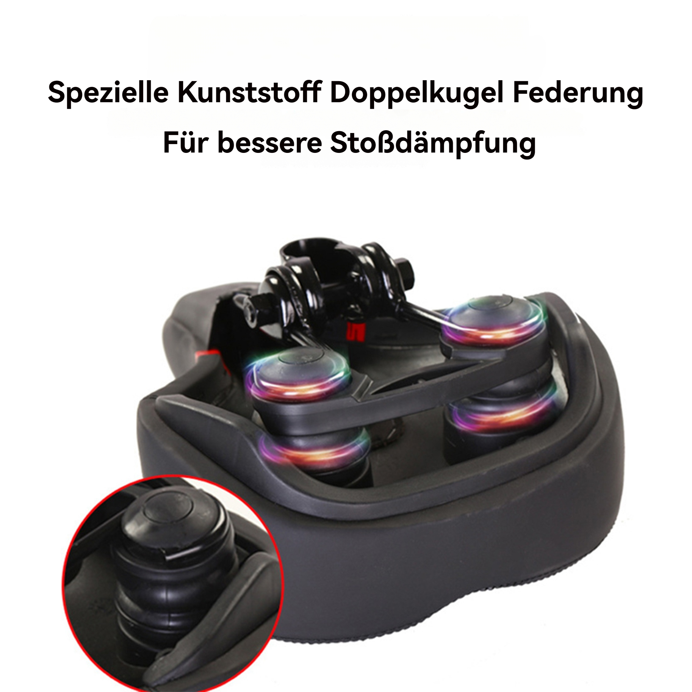 Schwarzer Fahrradsattel mit Doppel-Kugel-Federung. Text oben auf Deutsch. Detail zeigt Kugel im roten Kreis.