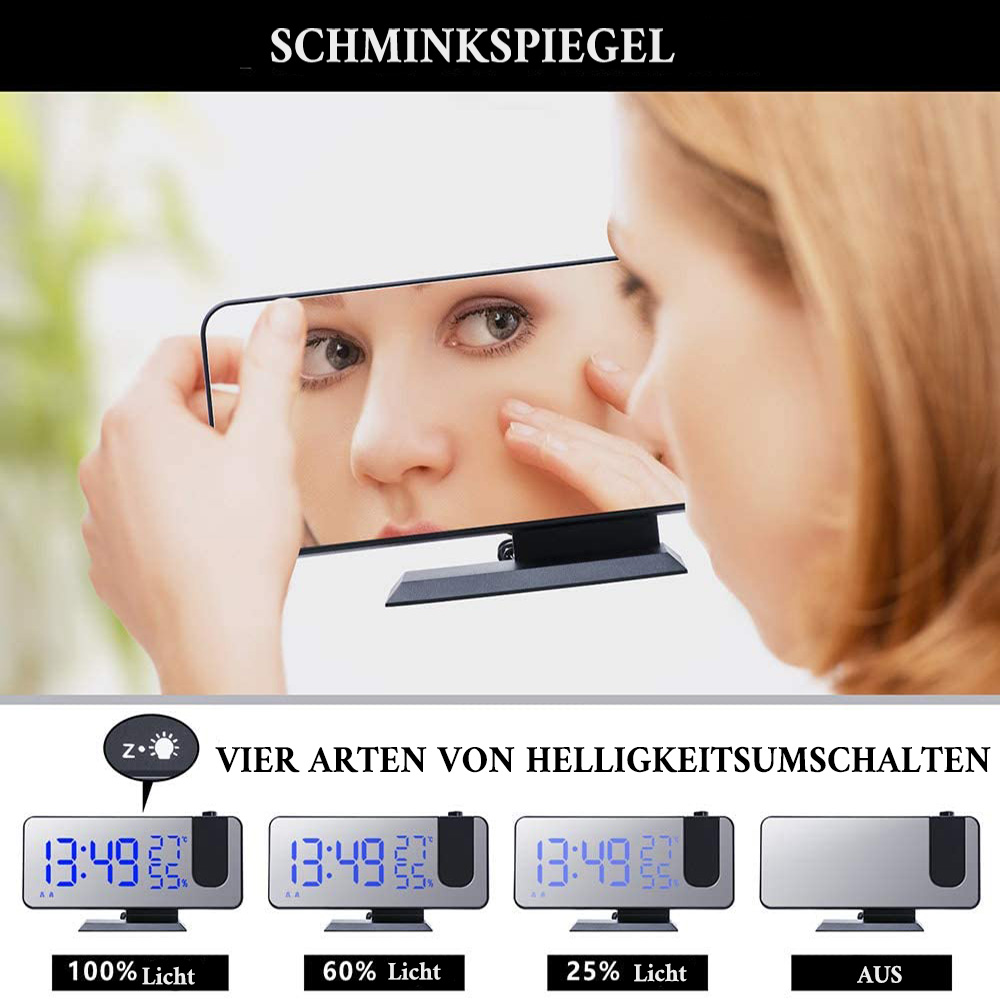 Frau im Spiegel, berührt ihr Gesicht. Darunter Uhrenanzeigen mit Uhrzeit und Helligkeitsstufen. Text auf Deutsch.