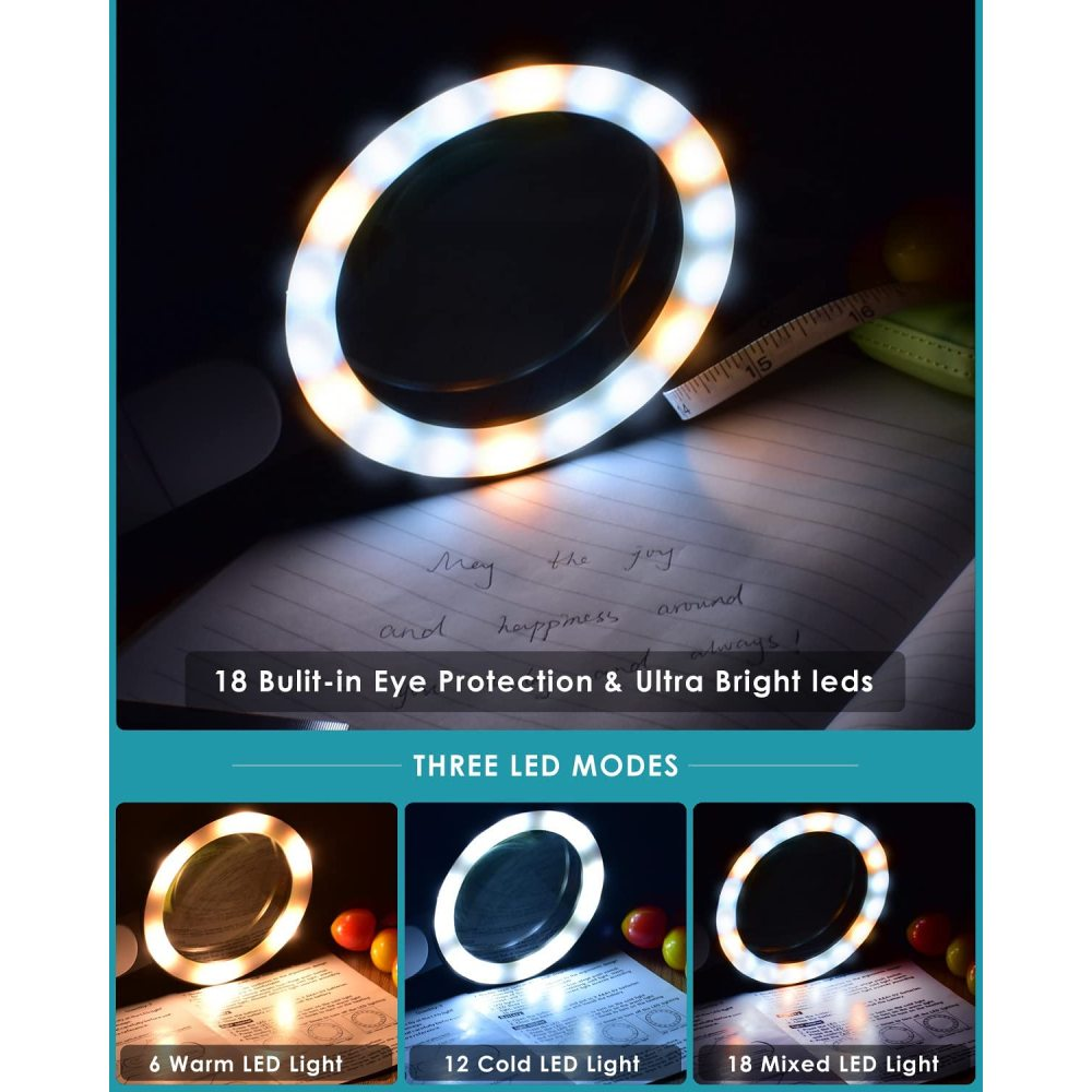Ein Ringlicht beleuchtet ein Notizbuch mit handschriftlichem Text. Das Bild zeigt drei Lichtmodi: warm, kalt und gemischt LED-Licht. Auch ein Maßband.