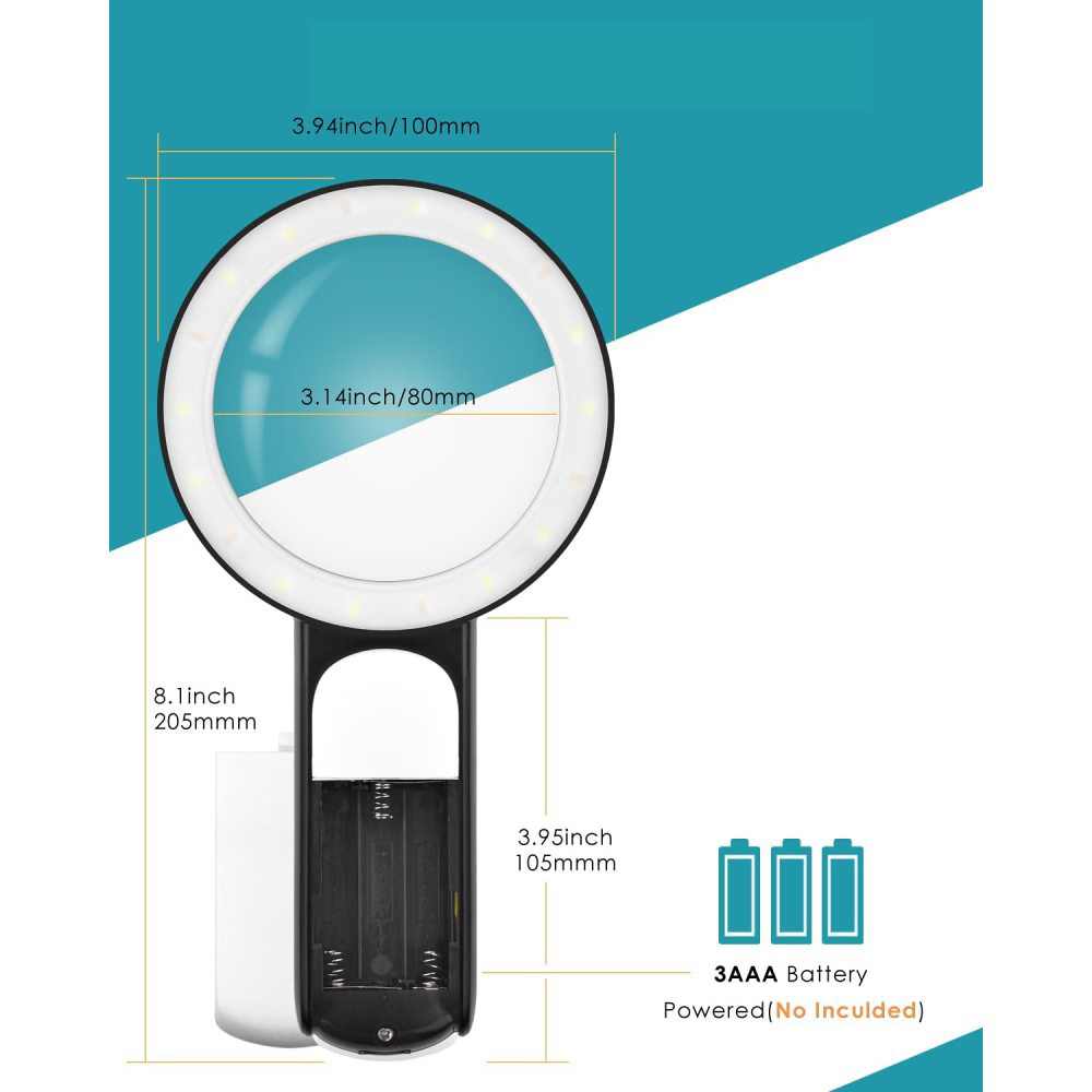 Lupe mit LED-Leuchten. Abmessungen sind in Zoll und Millimetern angegeben. Batteriebetrieben, drei AAA, nicht enthalten.