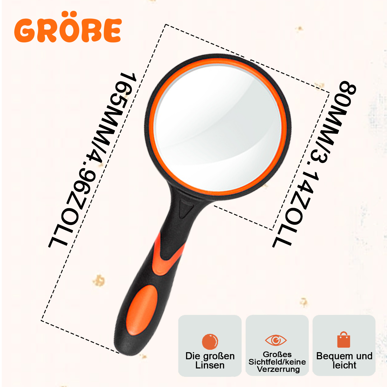 Lupe mit orange-schwarzem Griff. Abmessungen sind angegeben. Text auf Deutsch: große Linsen, großes Feld und einfach zu bedienen.