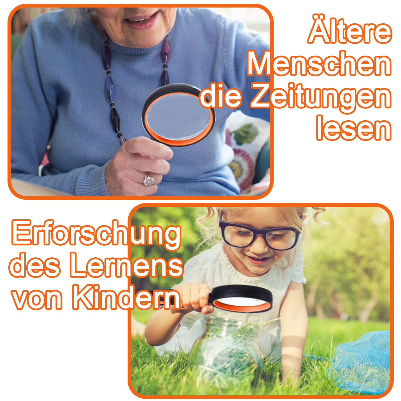 Das Bild zeigt eine ältere Person mit einer Lupe und ein Kind mit Brille, das mit einer Lupe ein Glas betrachtet.
